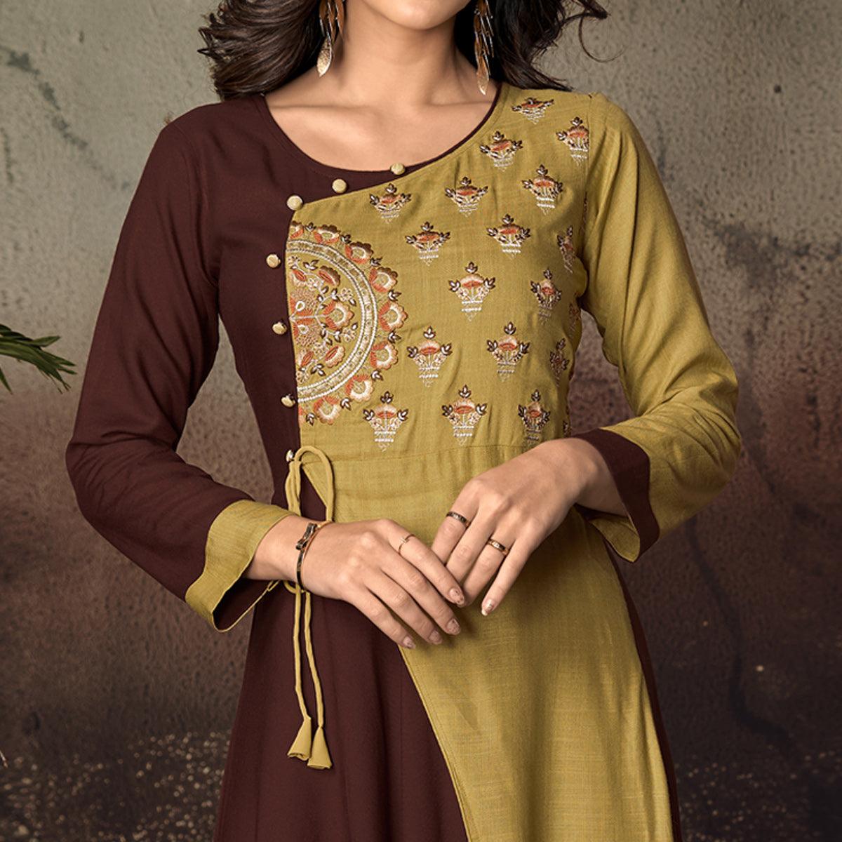 Brown-Green Floral Embroidered Rayon Kurti - Peachmode
