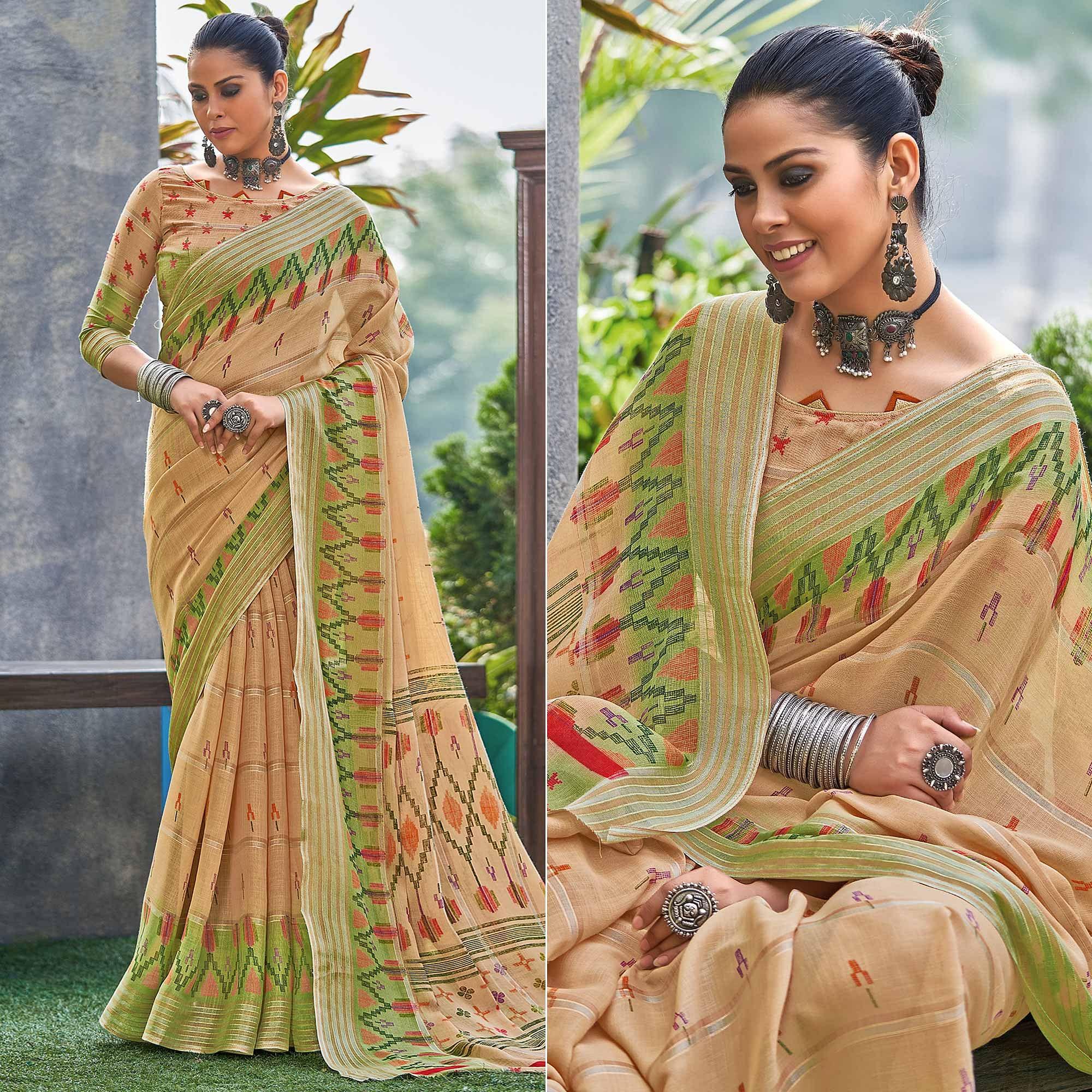 Brown Ikkat Printed Linen Saree - Peachmode