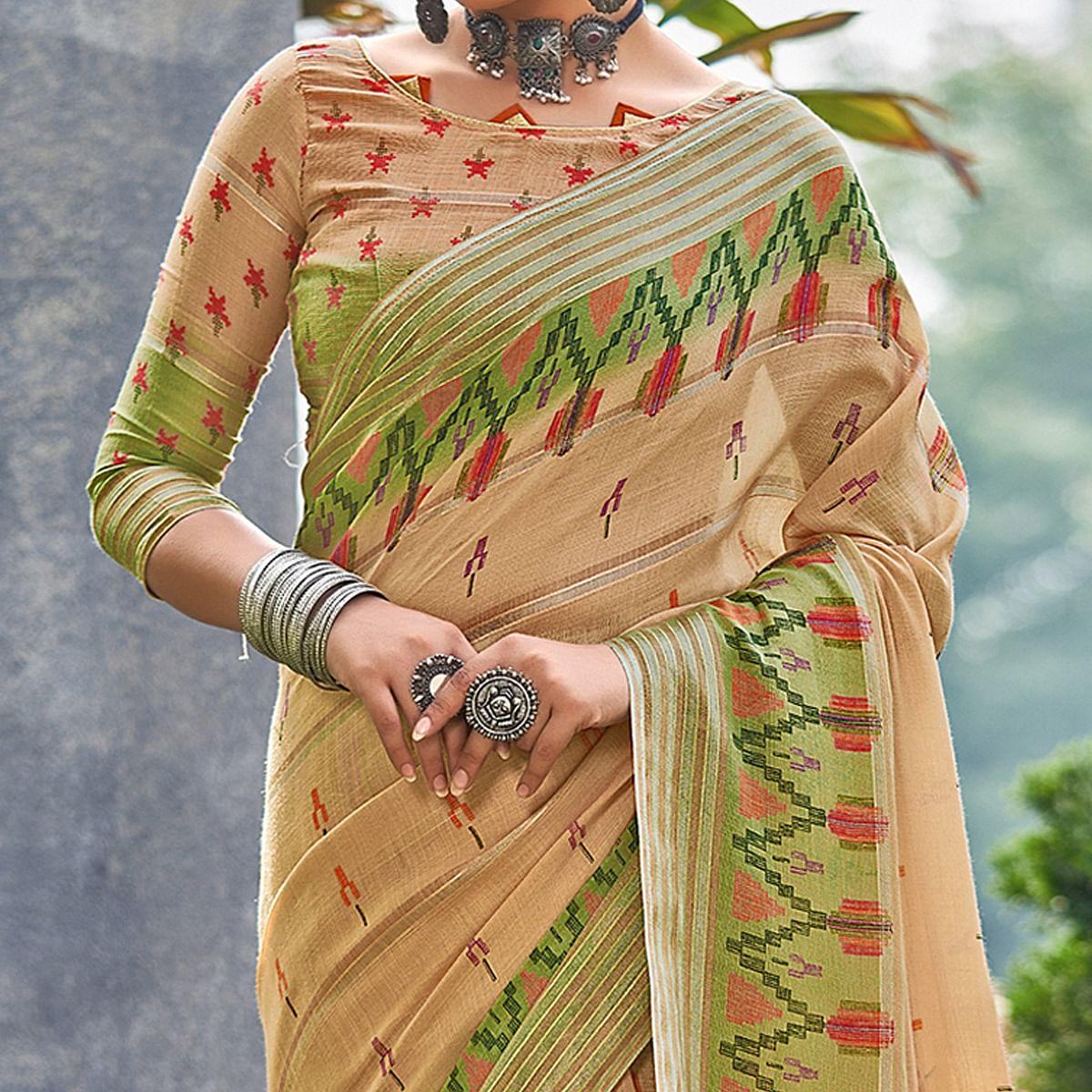 Brown Ikkat Printed Linen Saree - Peachmode