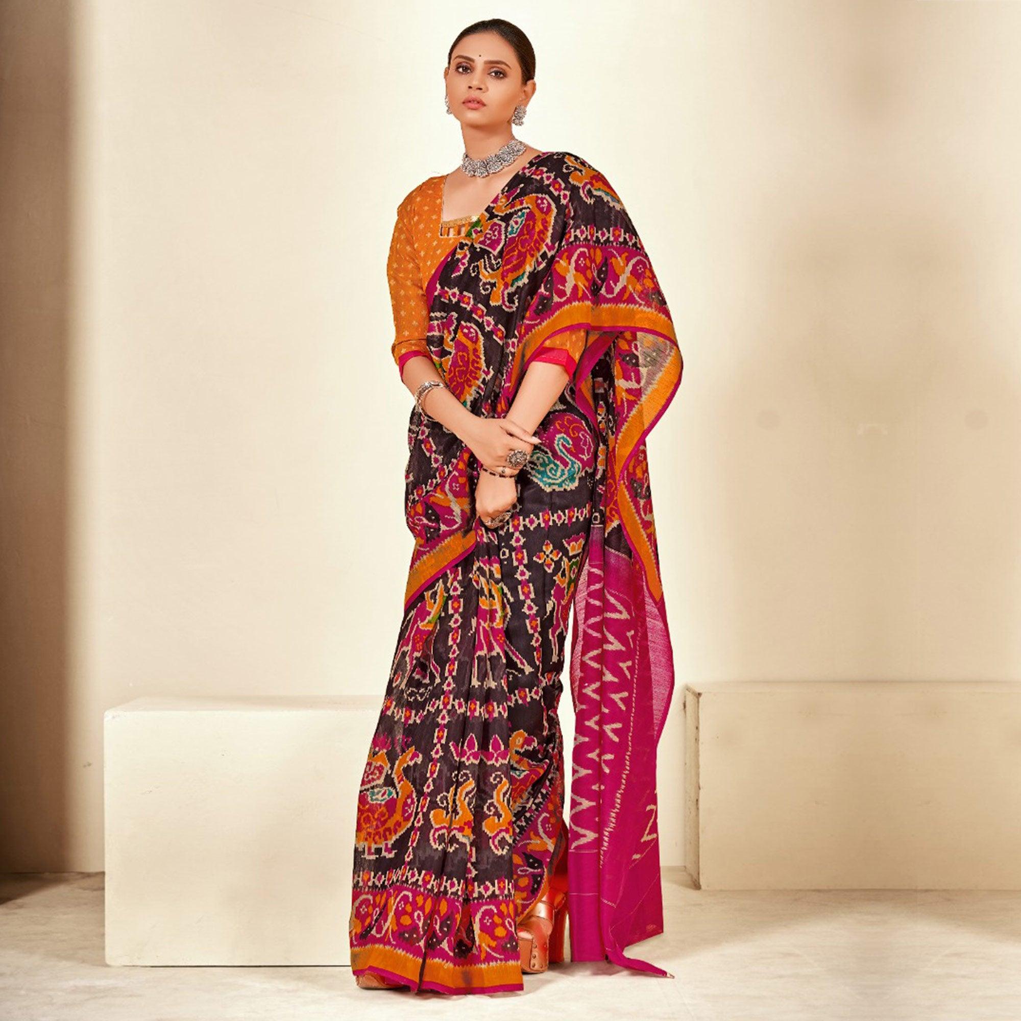 Brown Kalamkari Printed Poly Cotton Saree - Peachmode