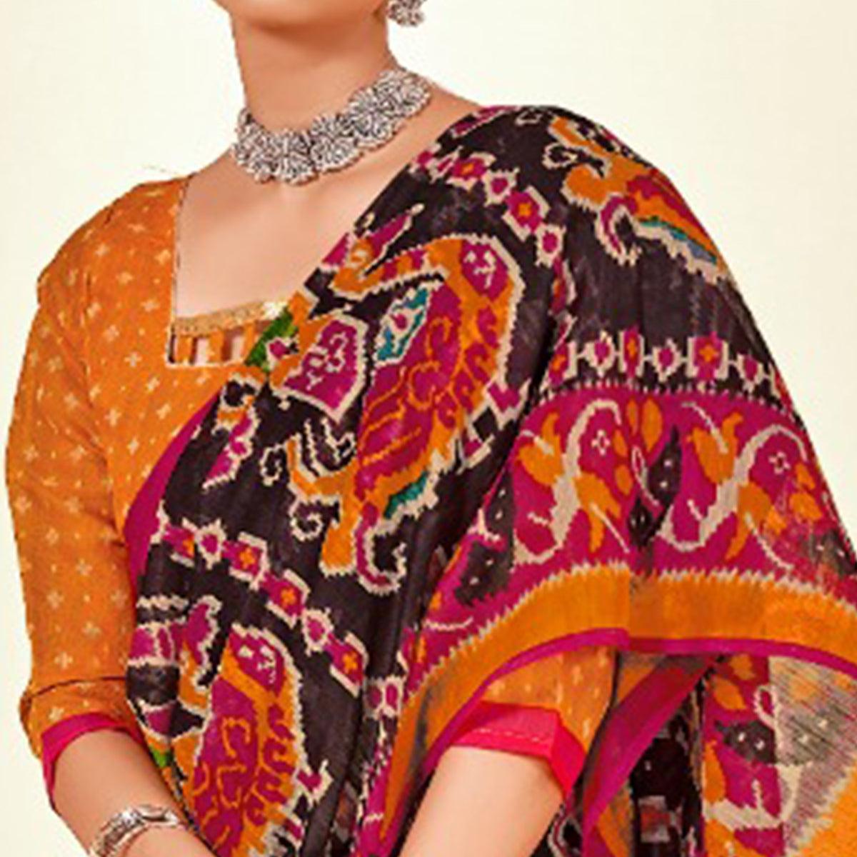 Brown Kalamkari Printed Poly Cotton Saree - Peachmode