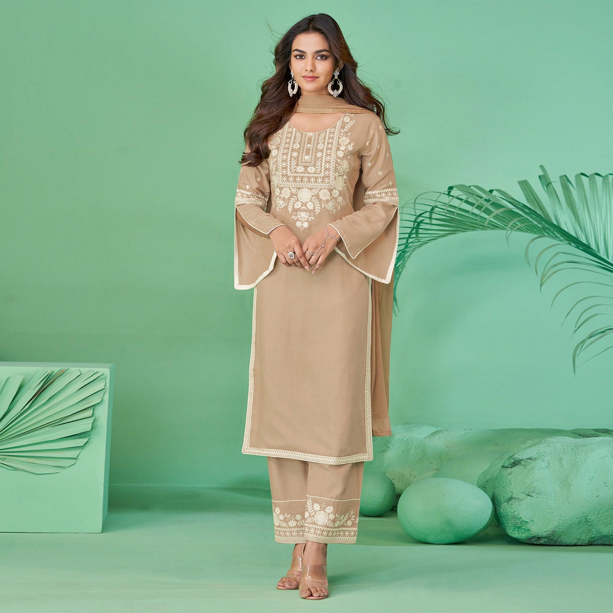 Brown Lucknowi Embroidered Rayon Kurti Pant Set With Dupatta - Peachmode