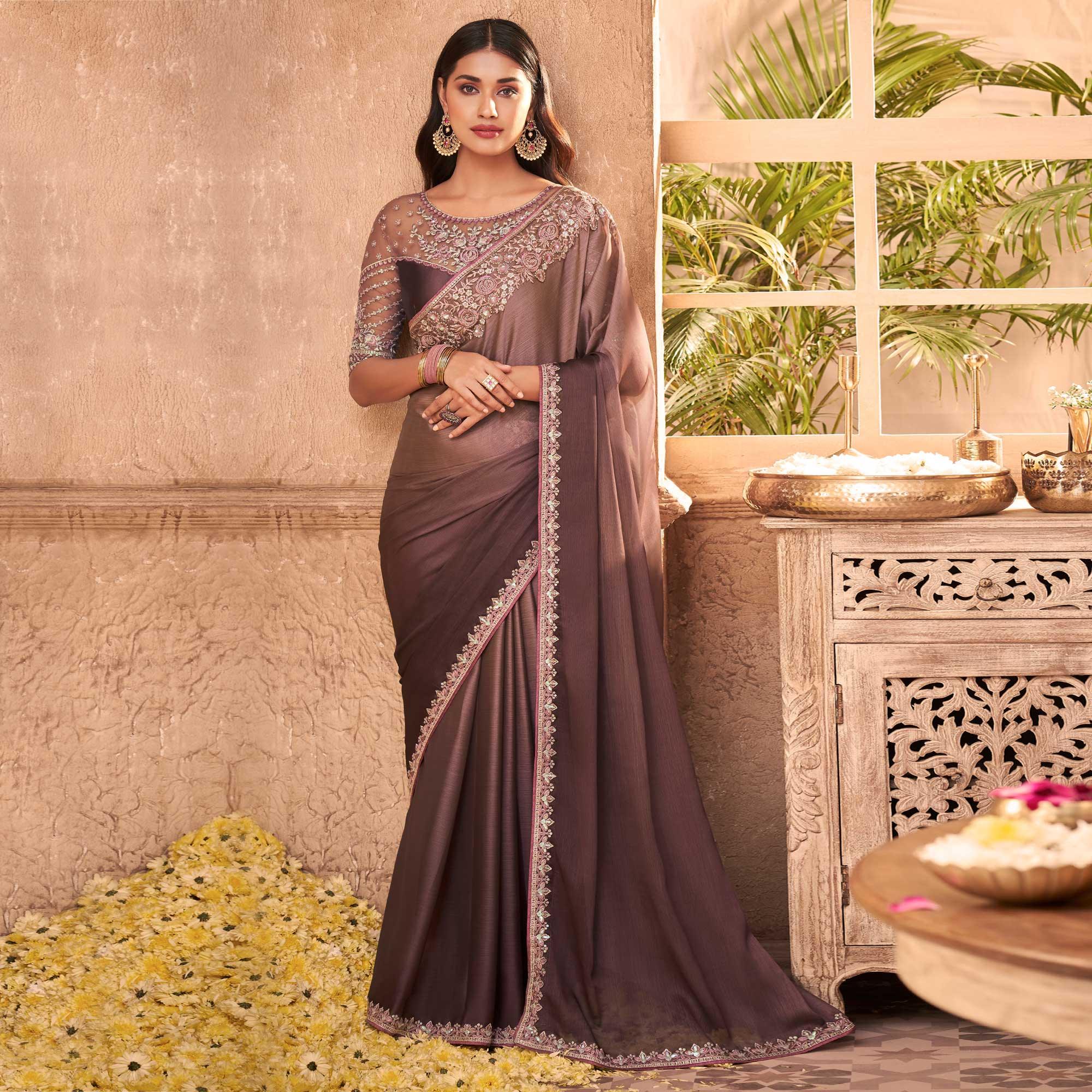 Brown Nude Partywear Embroidered Silk Saree - Peachmode