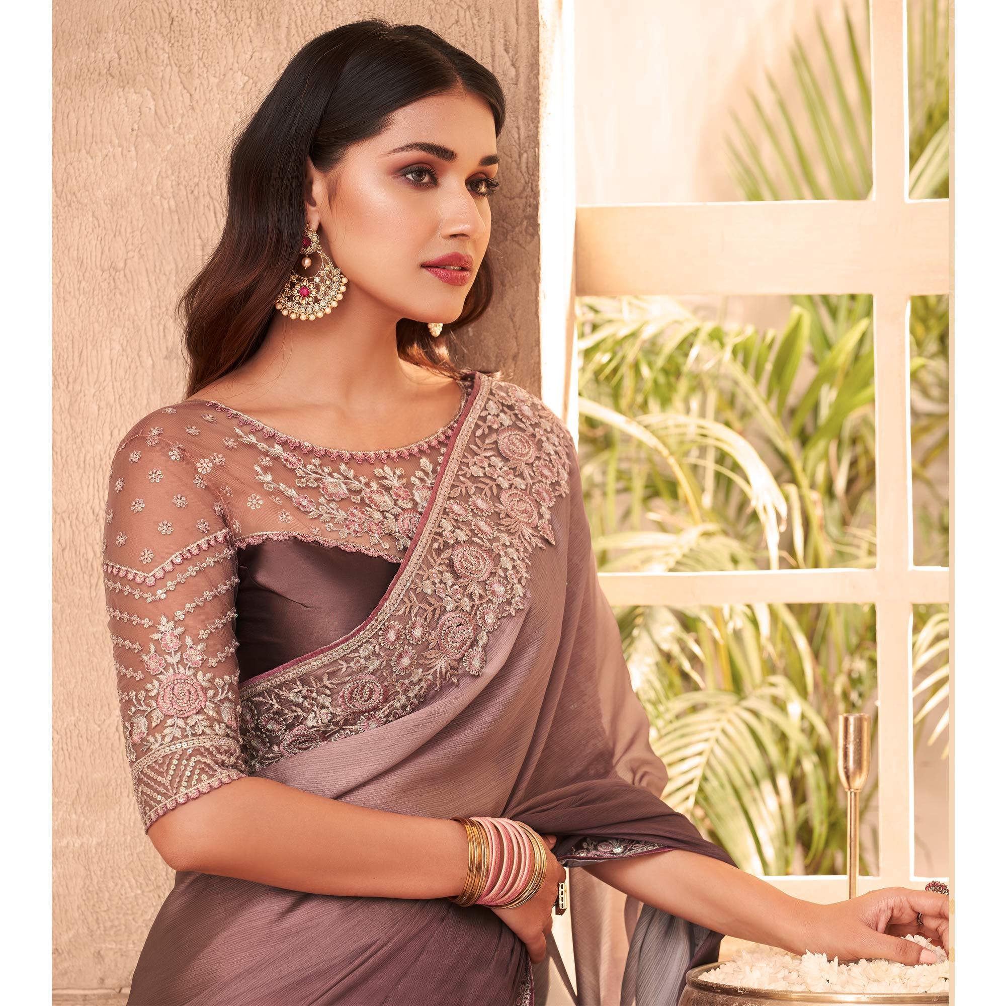 Brown Nude Partywear Embroidered Silk Saree - Peachmode