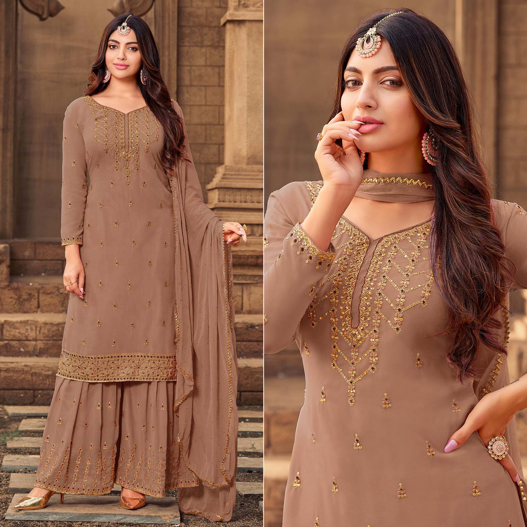 Brown Party Wear Embroidered & Embellished Georgette Palazzo Suit - Peachmode