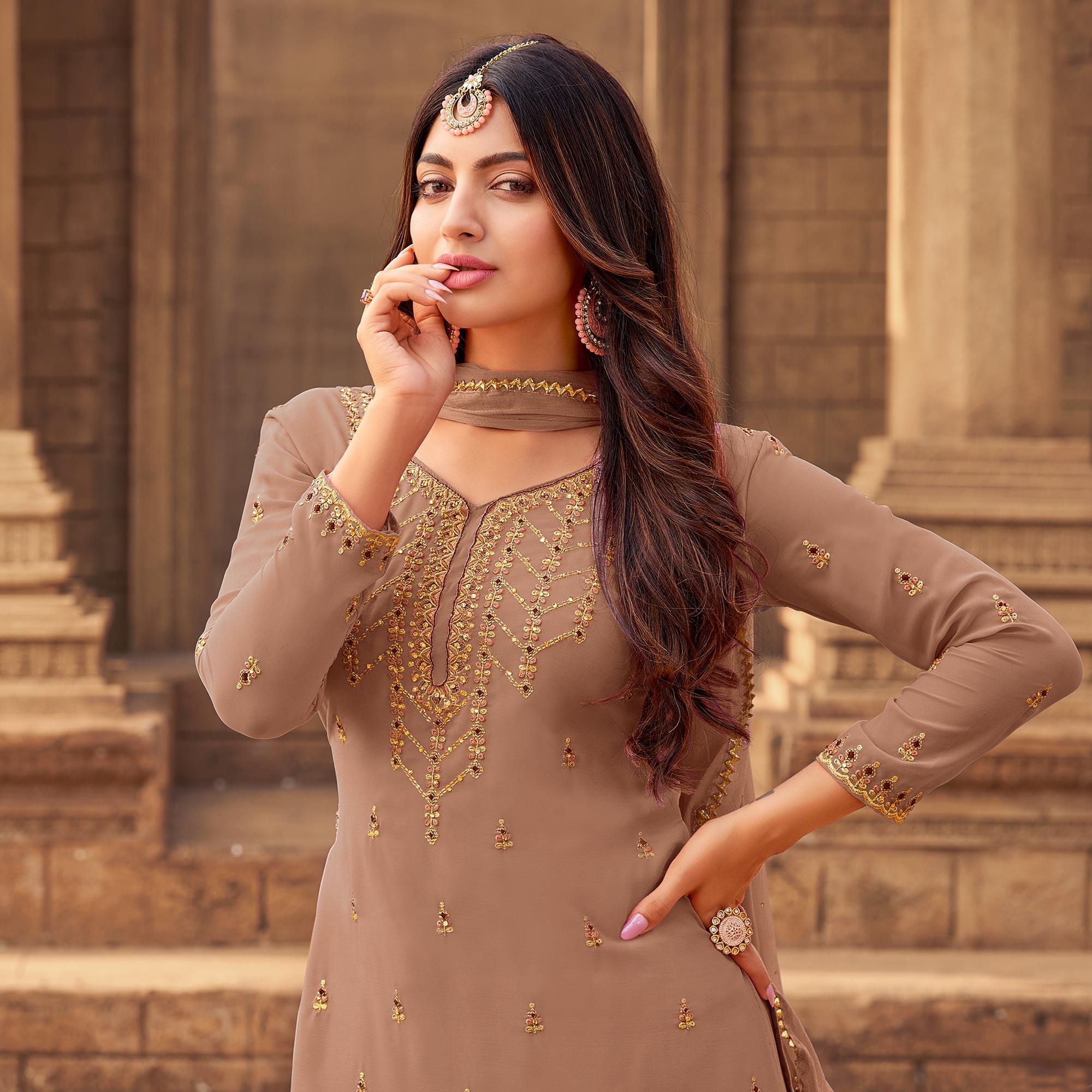 Brown Party Wear Embroidered & Embellished Georgette Palazzo Suit - Peachmode