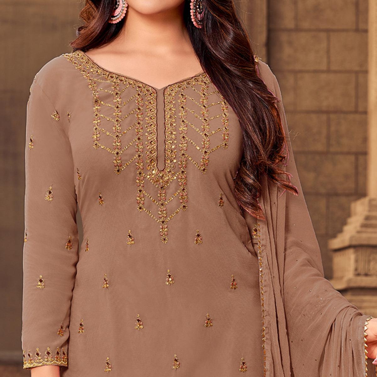 Brown Party Wear Embroidered & Embellished Georgette Palazzo Suit - Peachmode