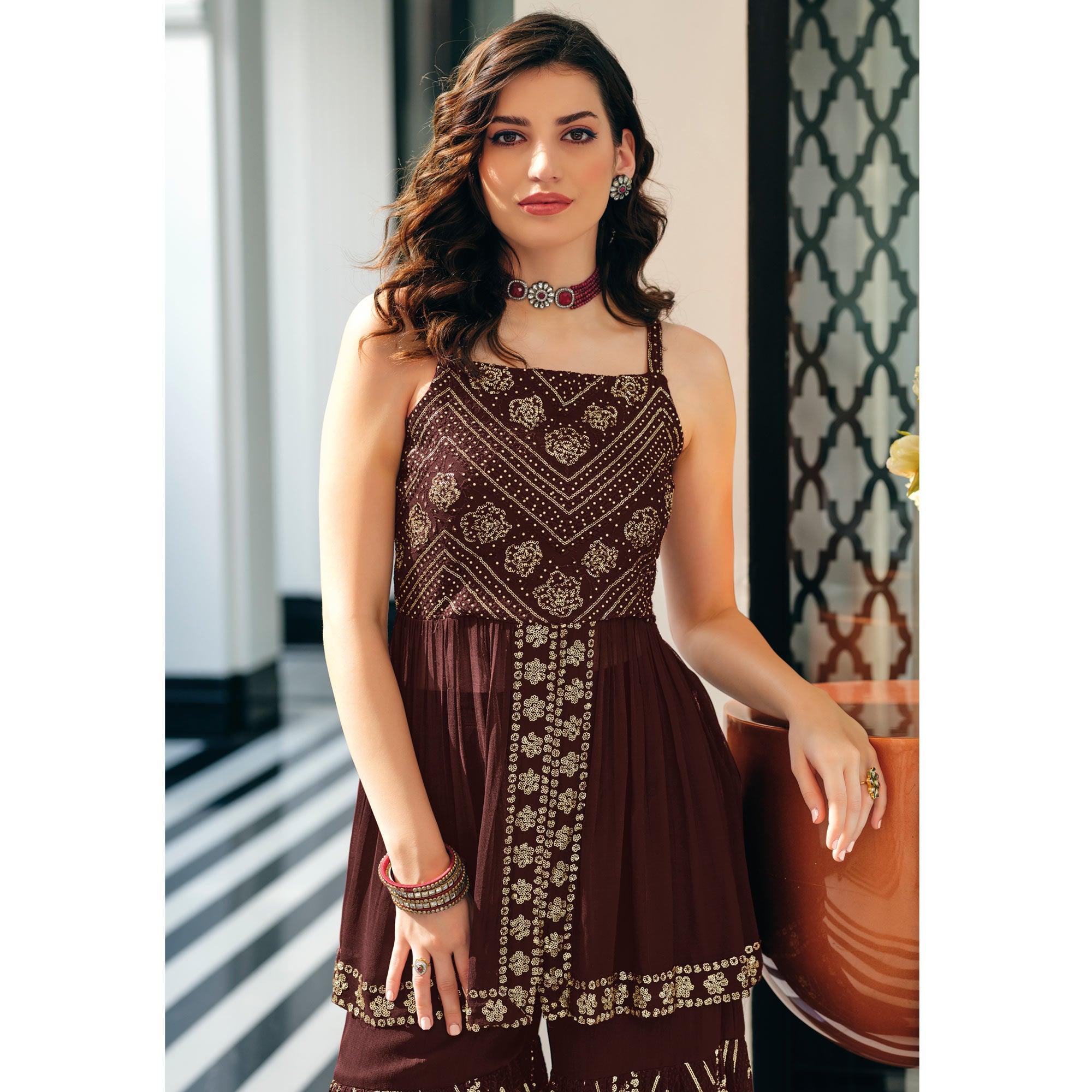 Brown Party Wear Embroidered Georgette Sharara Suit - Peachmode