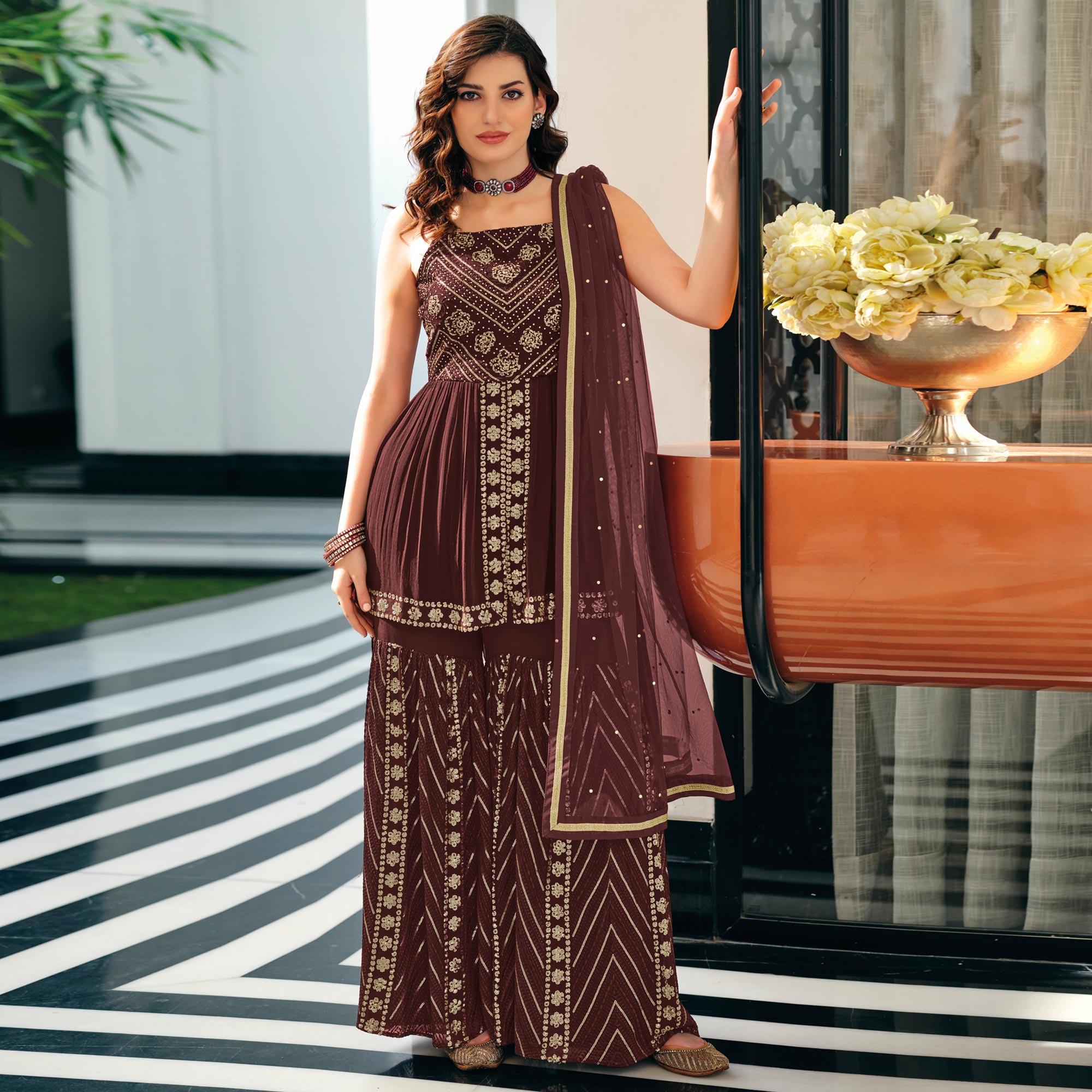 Brown Party Wear Embroidered Georgette Sharara Suit - Peachmode