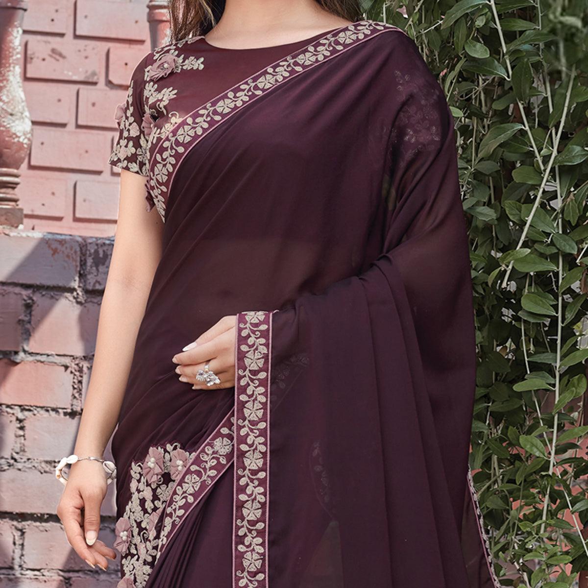 Brown Party Wear Embroidered Silk Georgette Saree - Peachmode