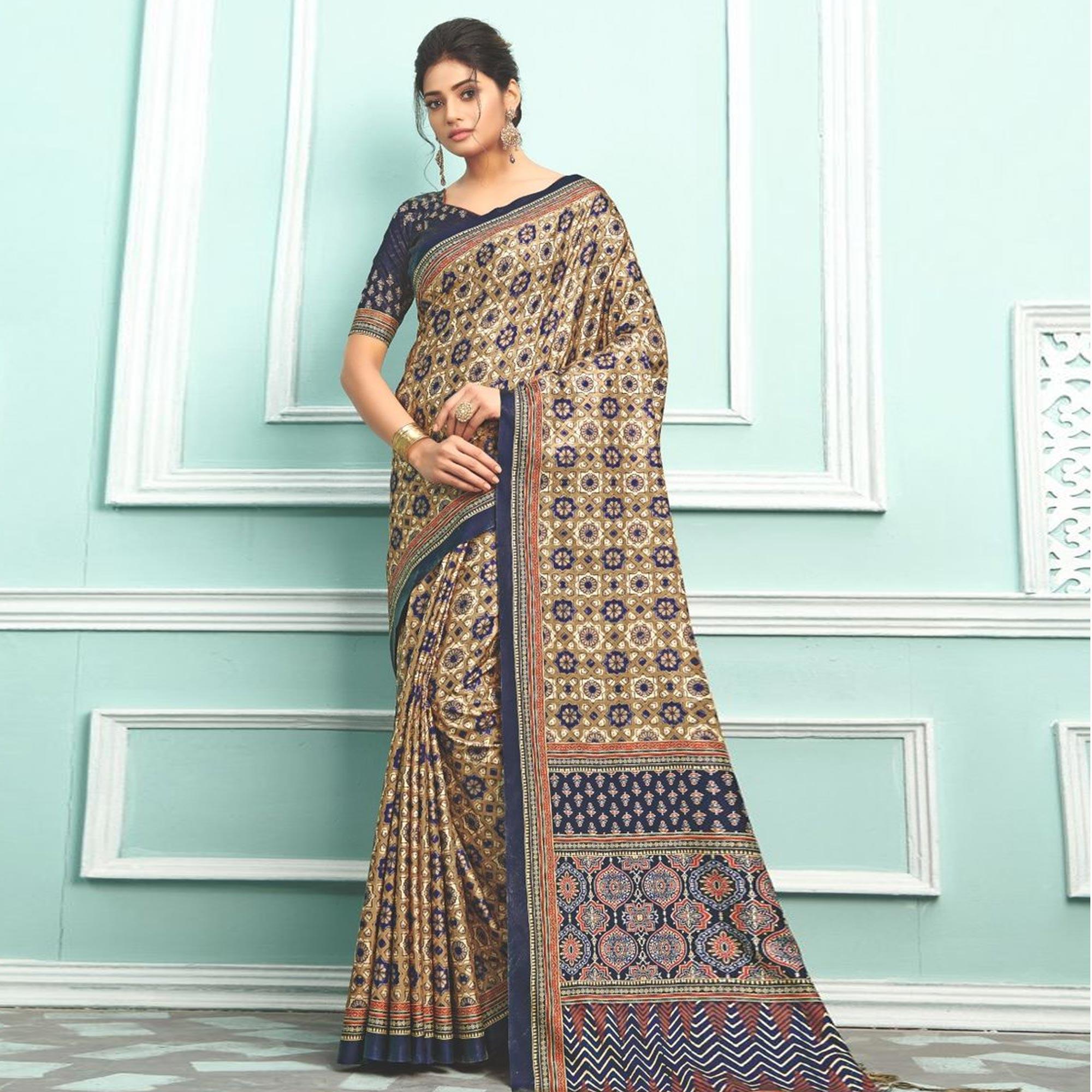 Brown Party Wear Satin Printed Saree With Unstitched Blouse - Peachmode