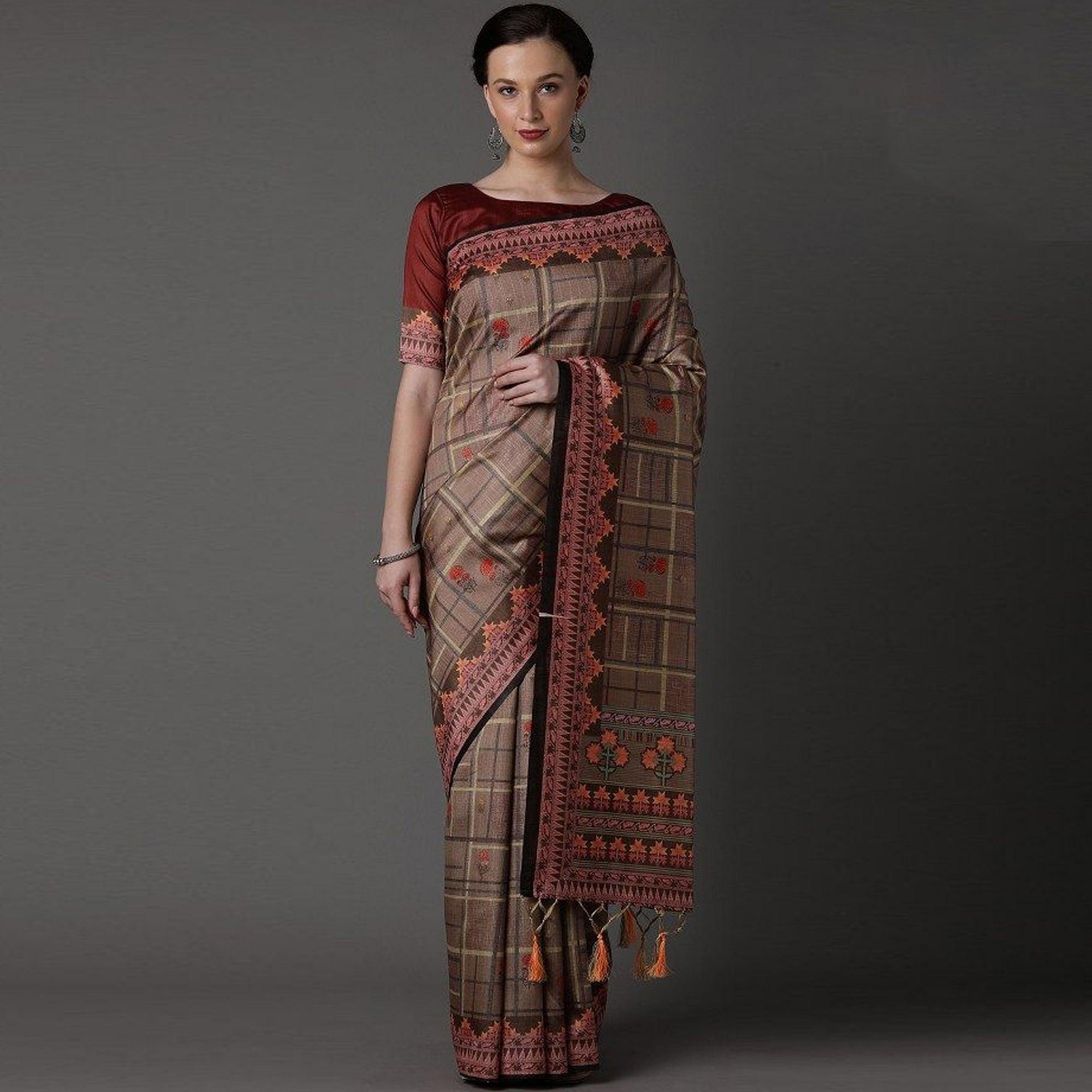 Brown Party Wear Satin Printed Saree With Unstitched Blouse - Peachmode