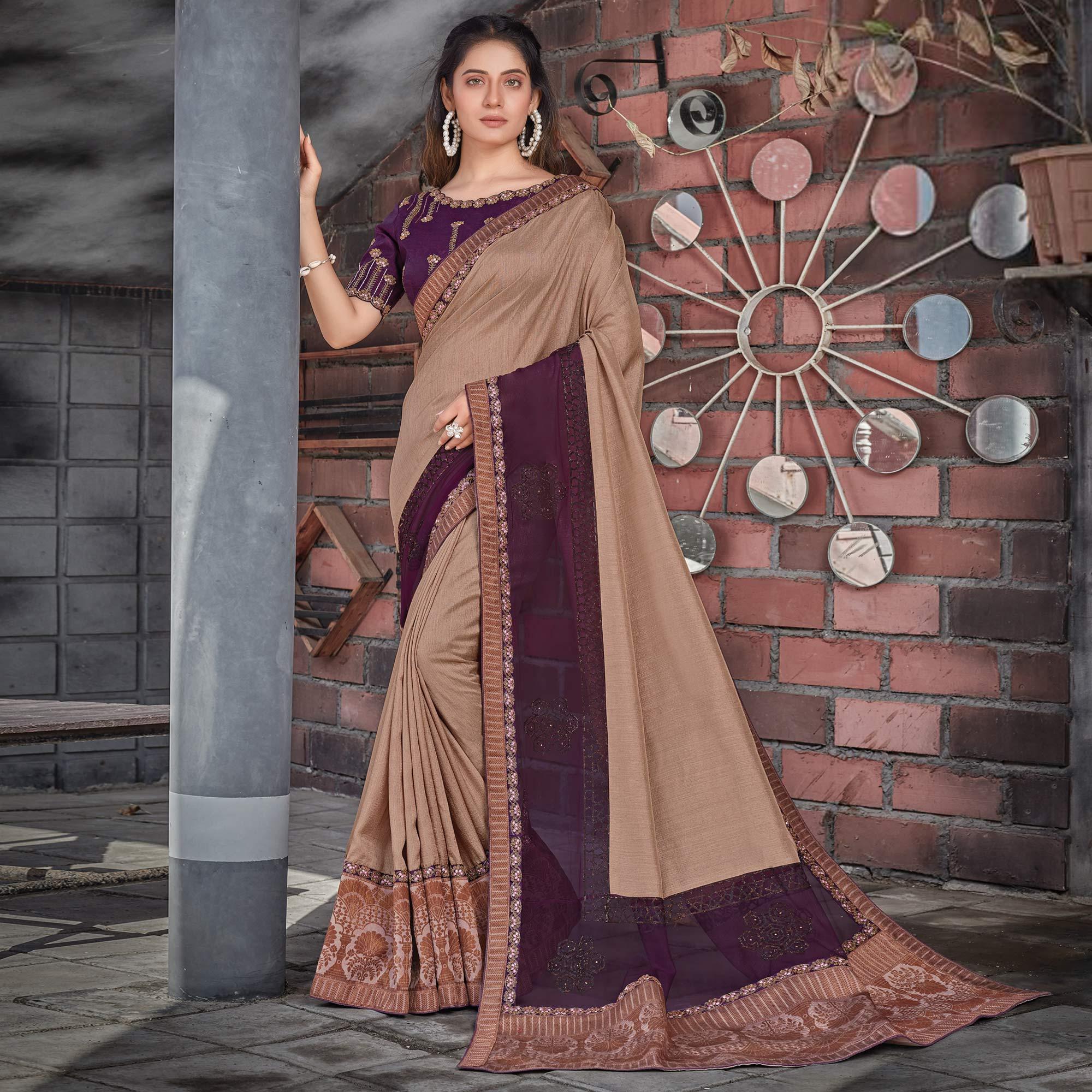 Brown Party Wear Sequence Tussar Silk Saree - Peachmode