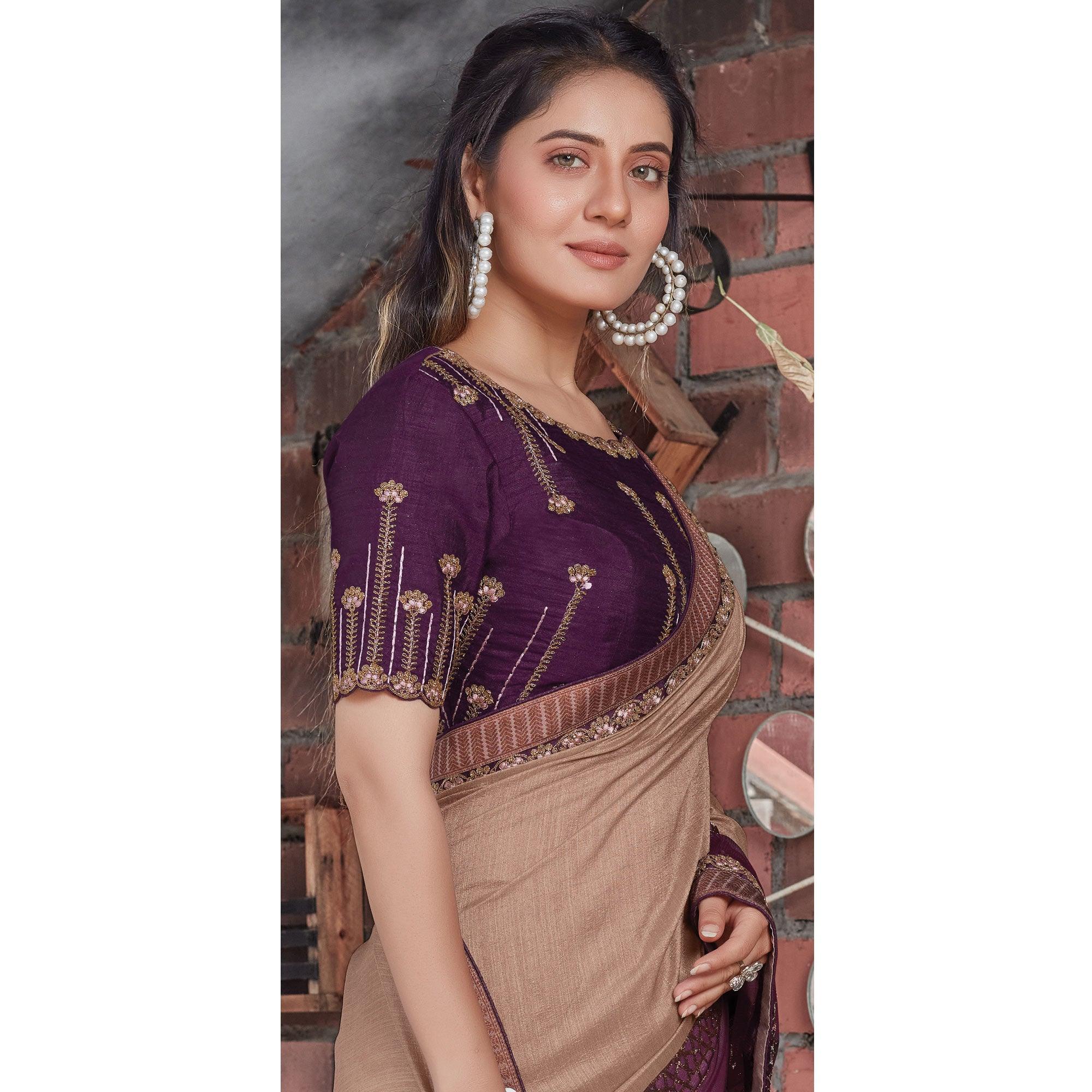 Brown Party Wear Sequence Tussar Silk Saree - Peachmode