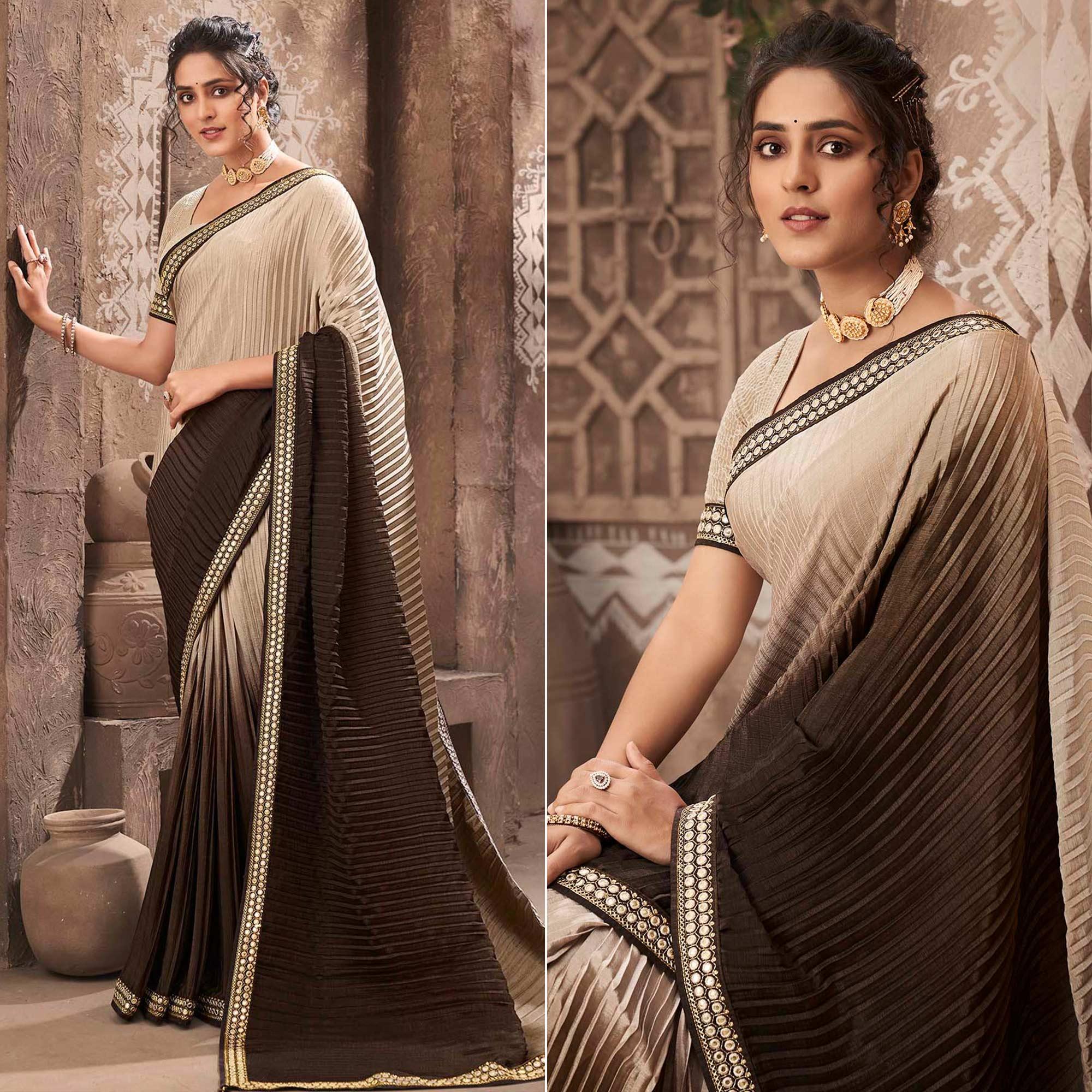 Brown Partywear Crushed Chiffon Saree with Fancy Lace - Peachmode