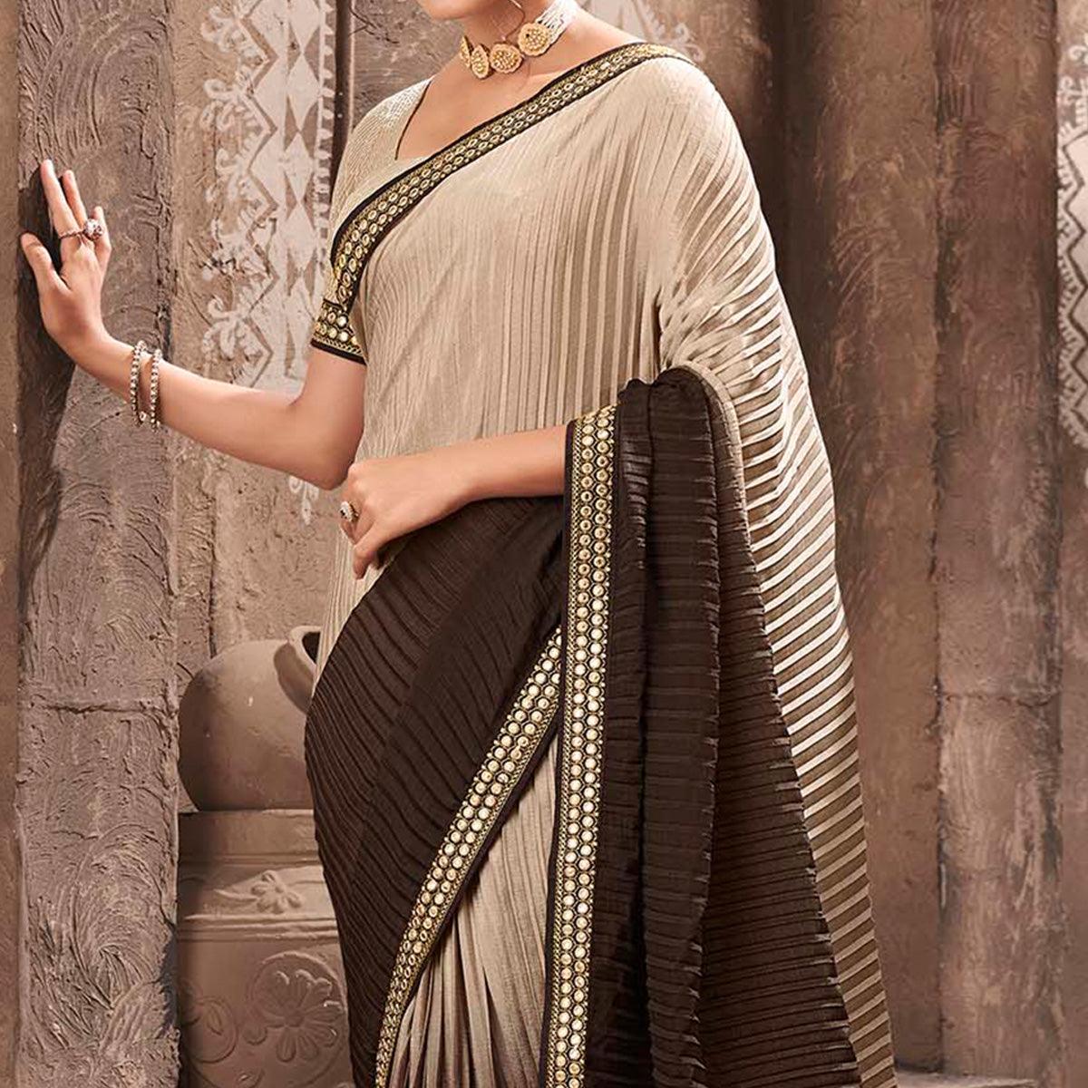 Brown Partywear Crushed Chiffon Saree with Fancy Lace - Peachmode