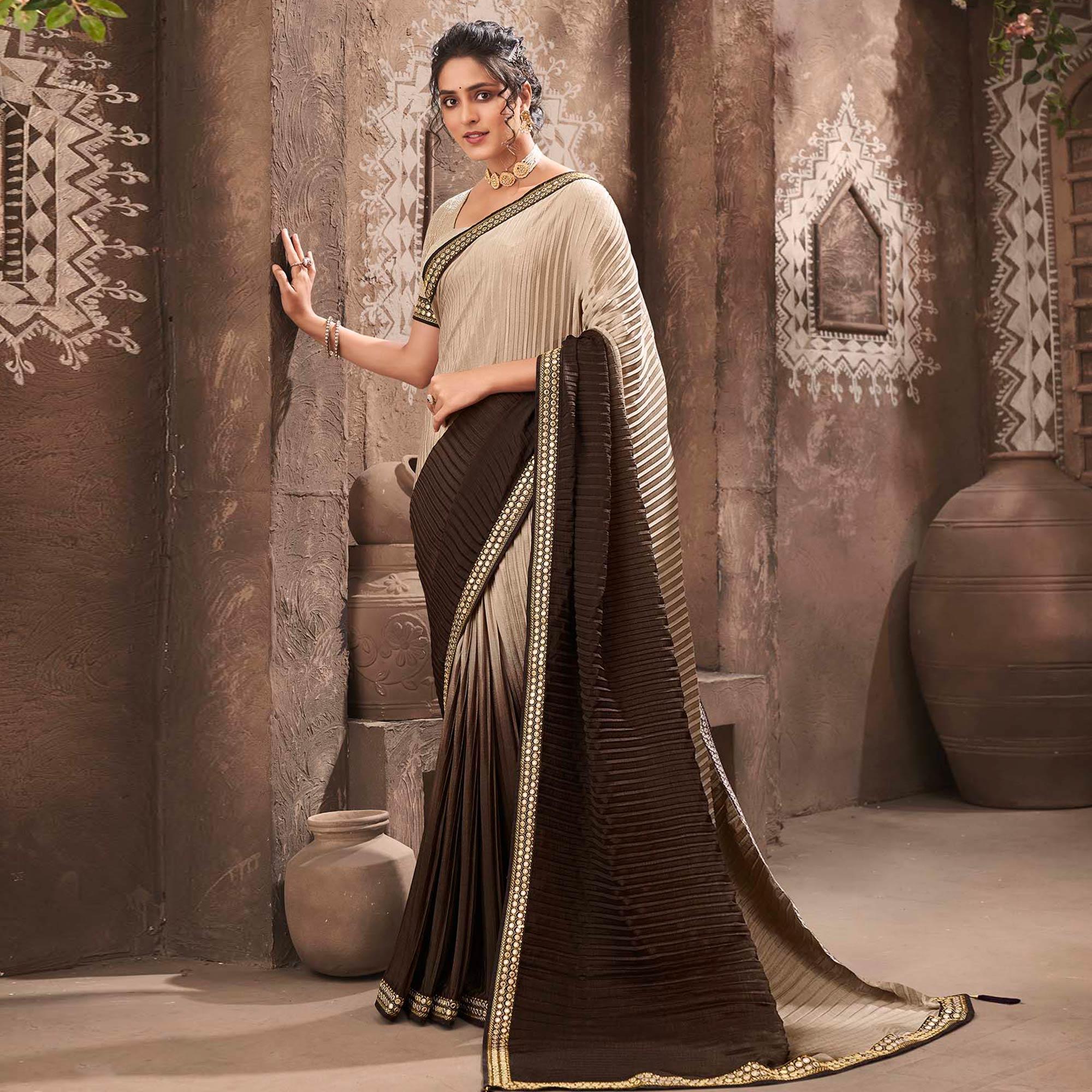 Brown Partywear Crushed Chiffon Saree with Fancy Lace - Peachmode