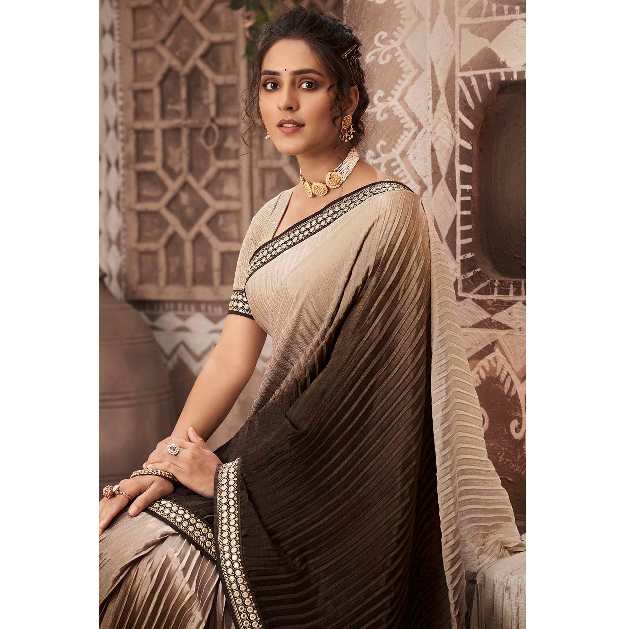 Brown Partywear Crushed Chiffon Saree with Fancy Lace - Peachmode