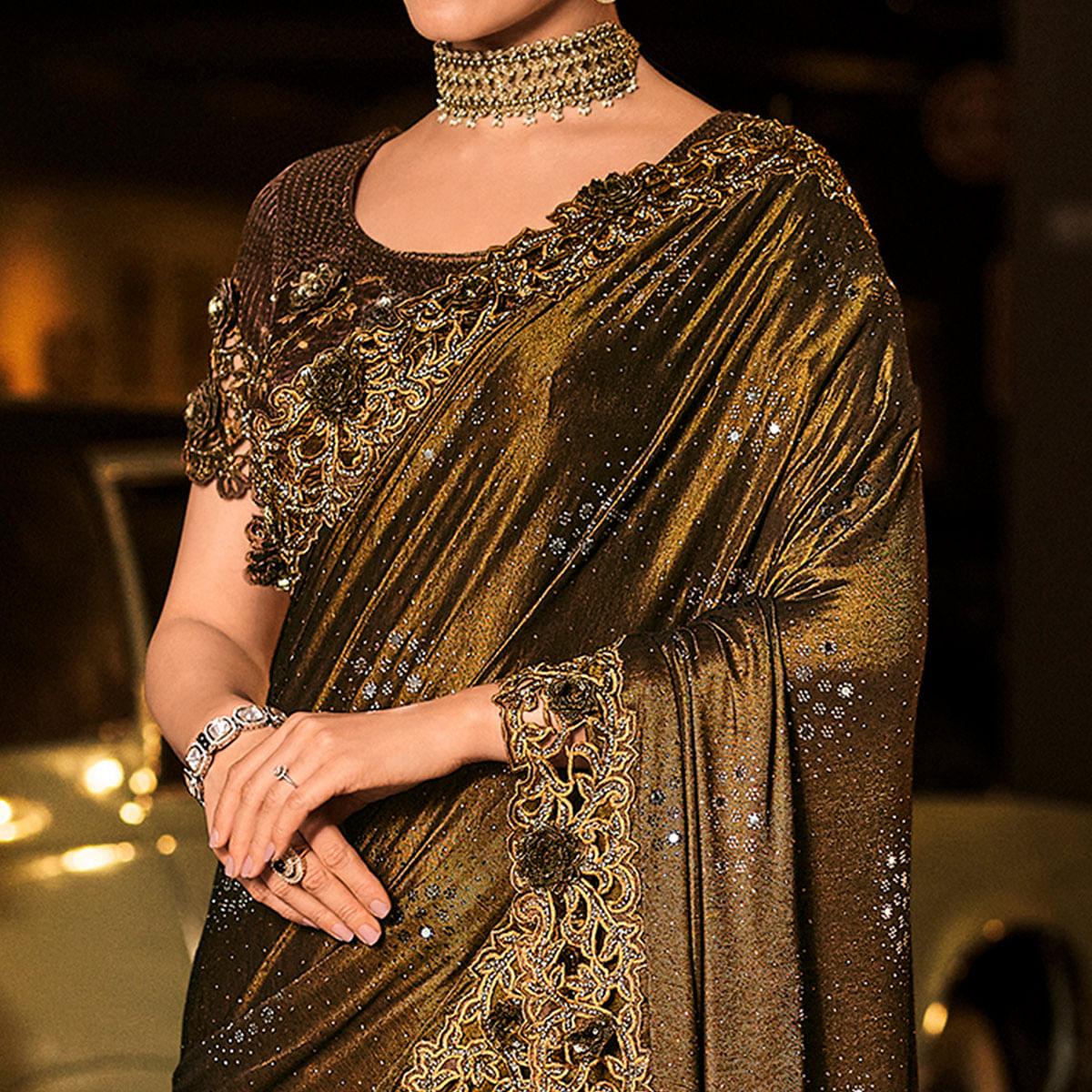 Brown Partywear Embroidered Embellished Mirror Work Net Saree - Peachmode