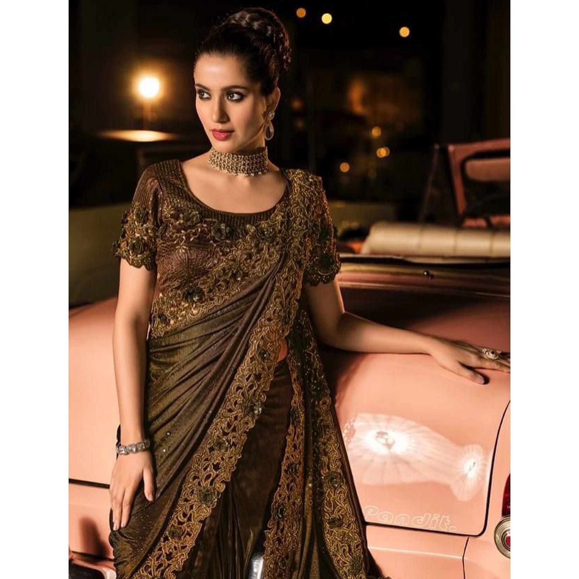 Brown Partywear Embroidered Embellished Mirror Work Net Saree - Peachmode