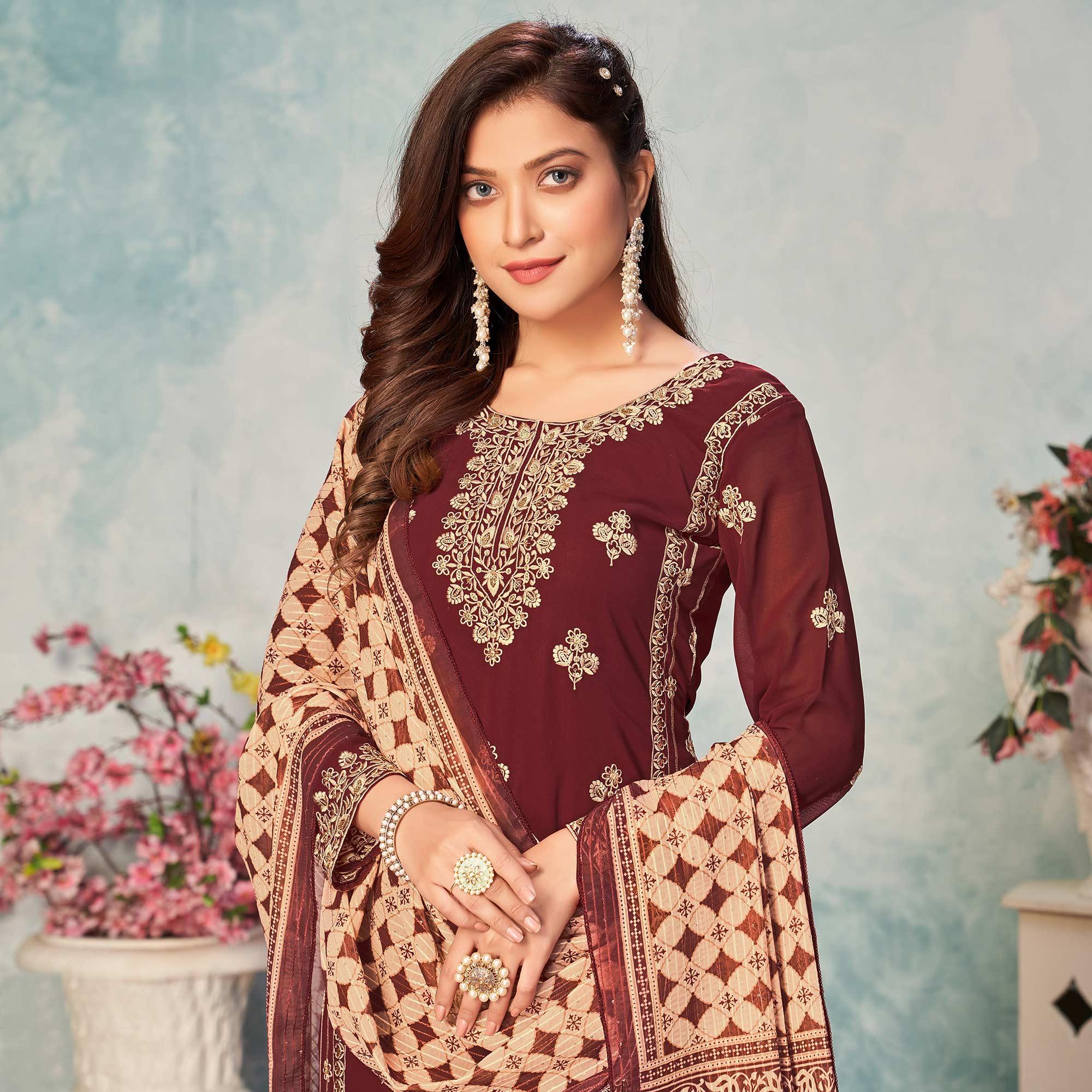 Brown Partywear Embroidered Faux Georgette Salwar Suit - Peachmode