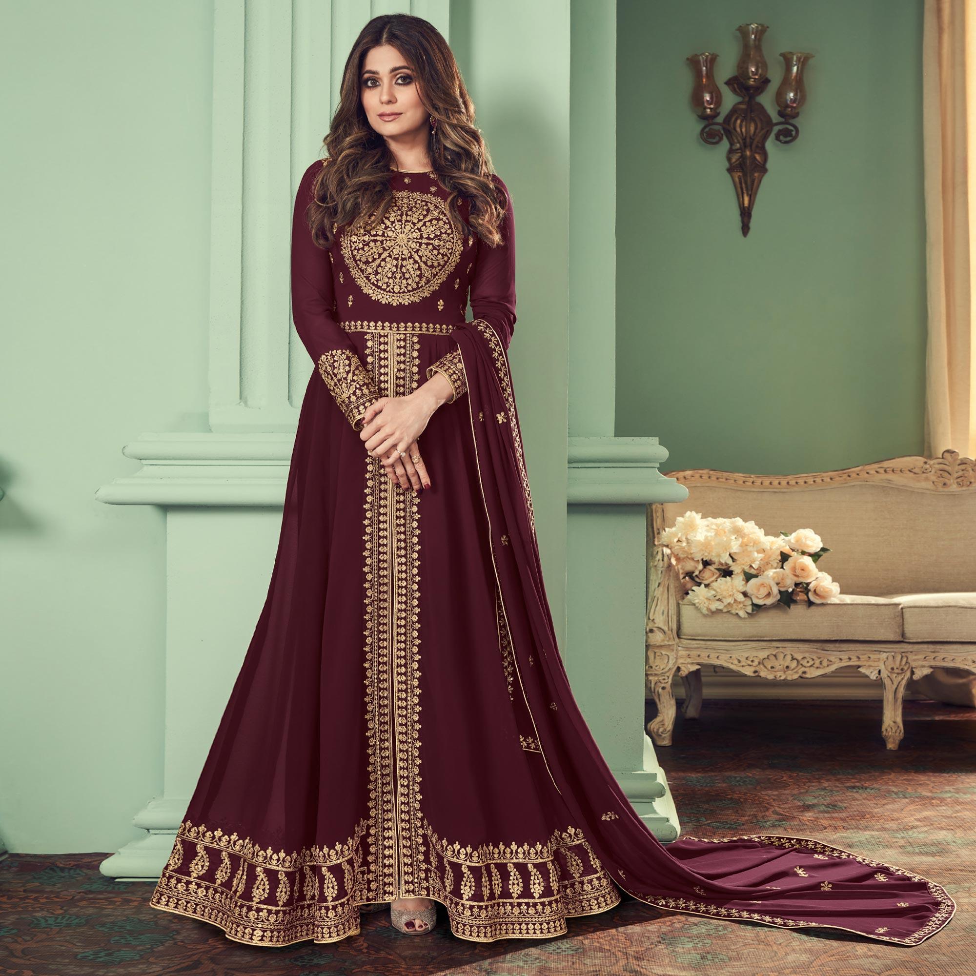 Brown Partywear Embroidered Georgette Gown - Peachmode