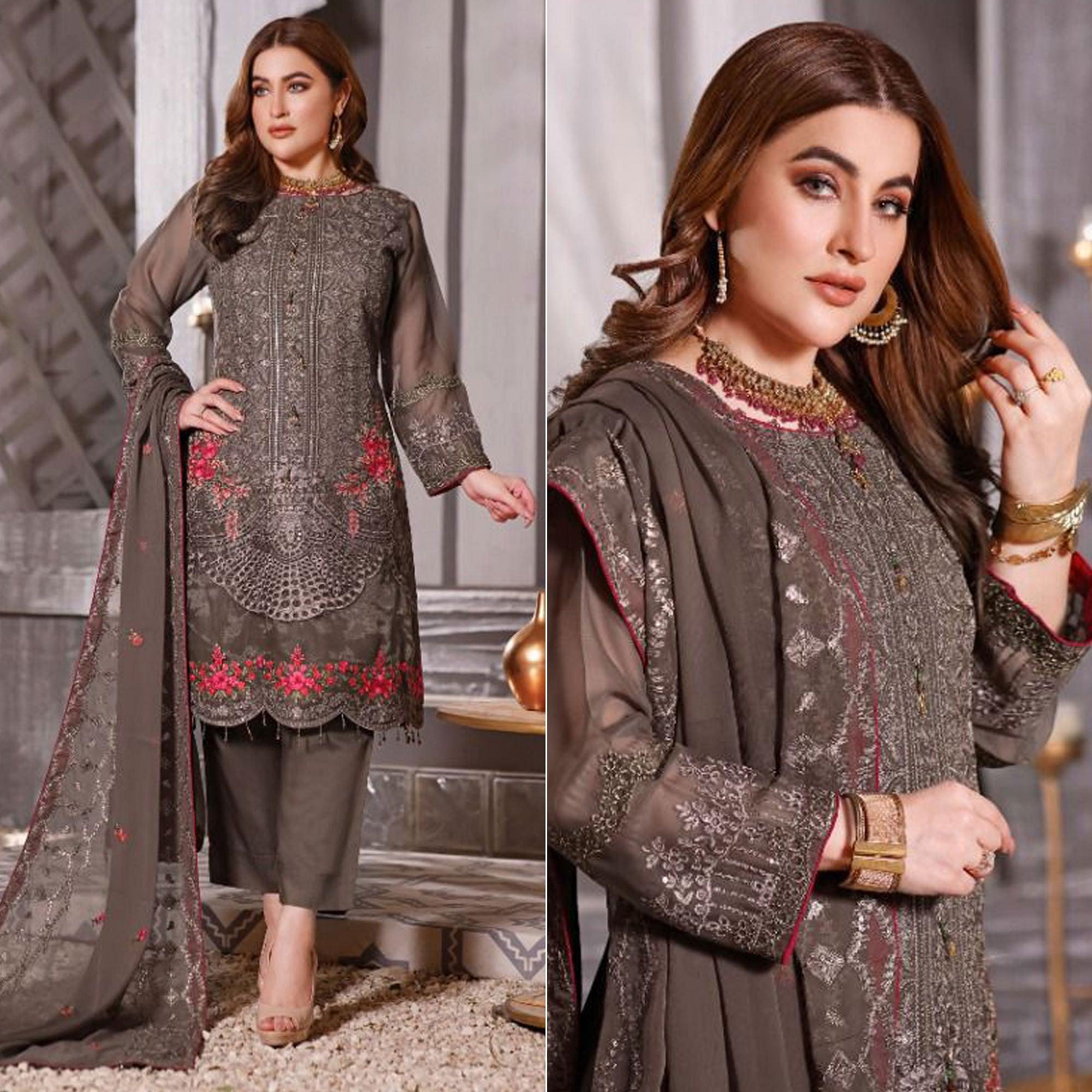 Brown Partywear Embroidered Georgette Pakistani Suit - Peachmode