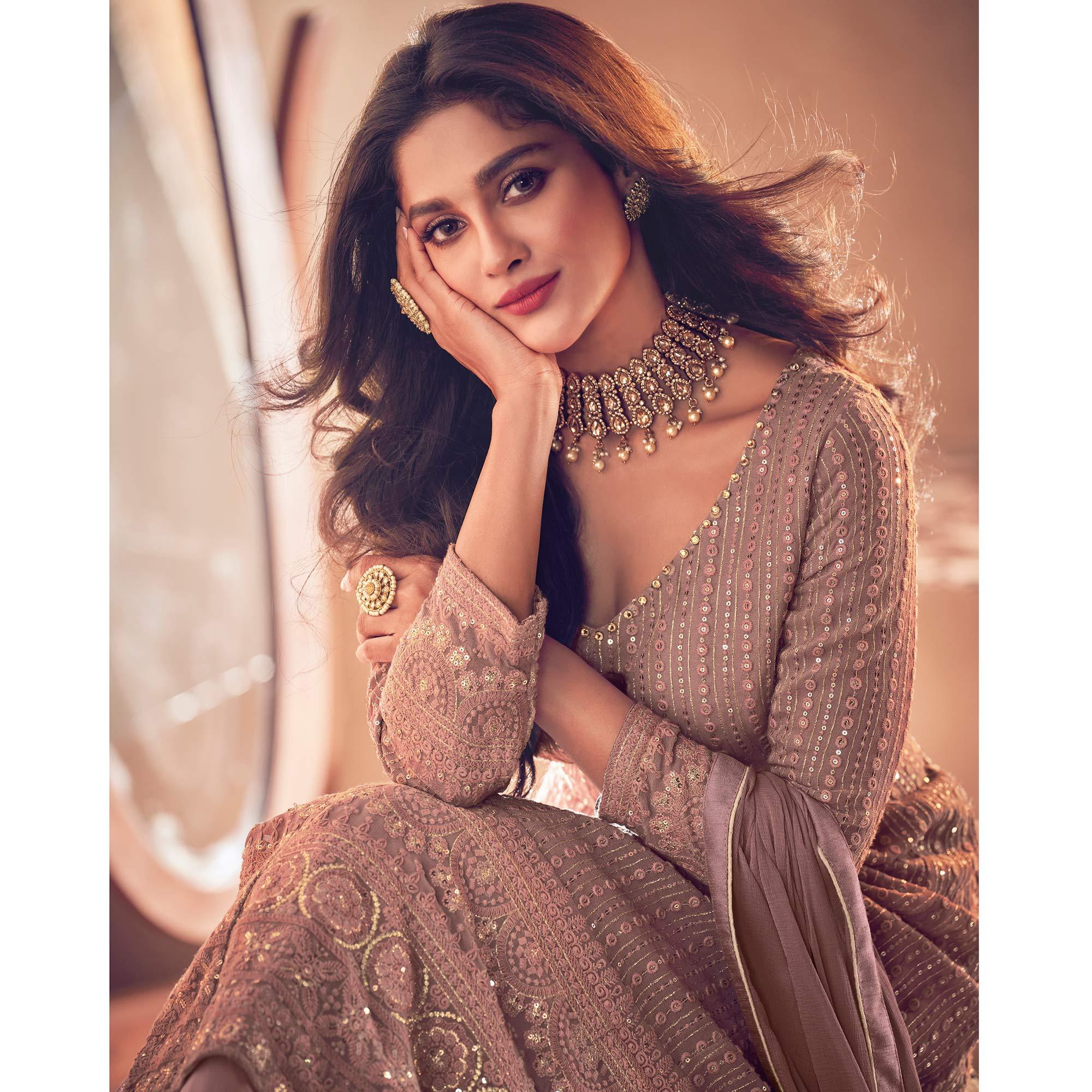 Brown Partywear Embroidered Georgette Top Skirt Set - Peachmode
