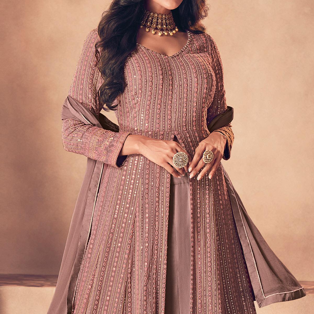 Brown Partywear Embroidered Georgette Top Skirt Set - Peachmode