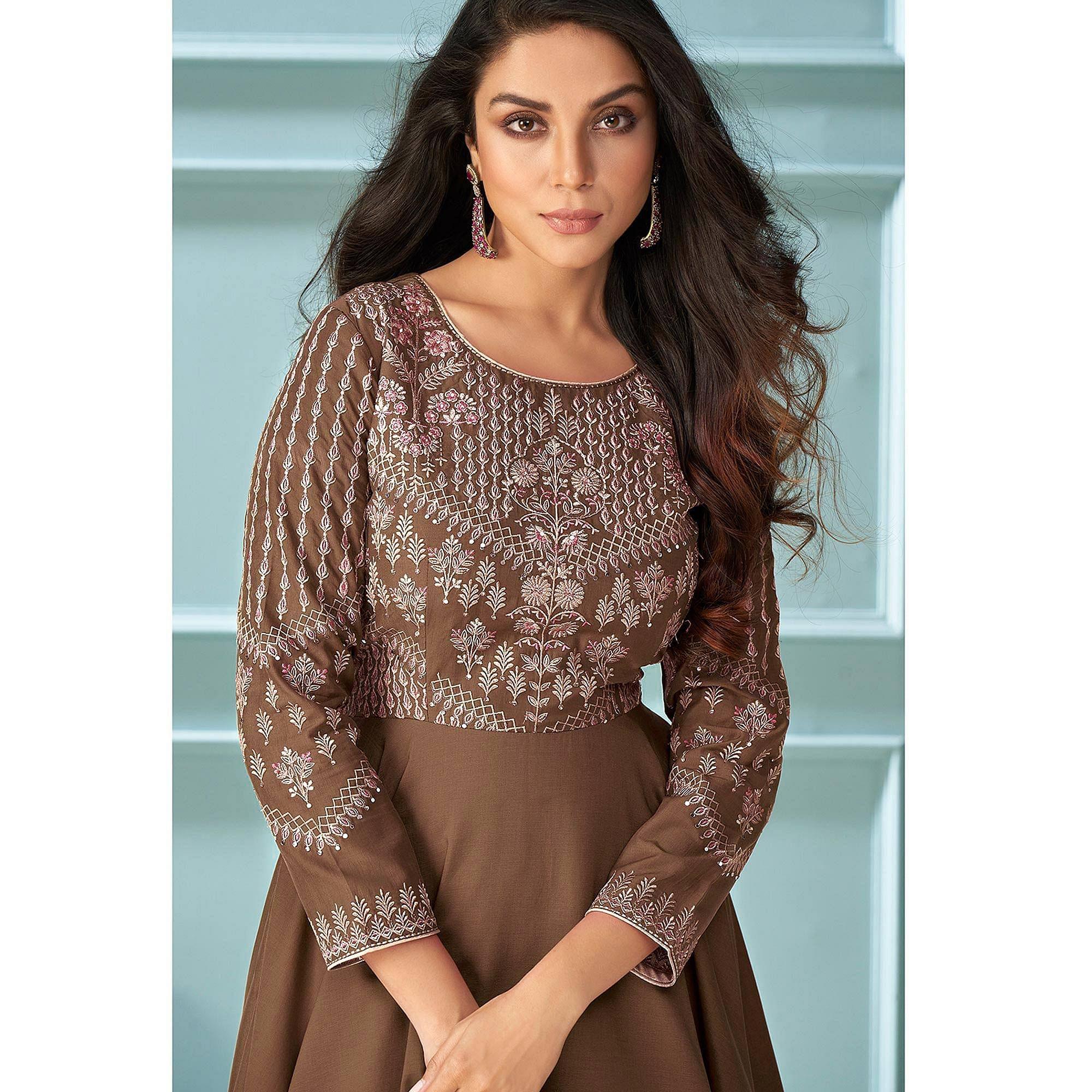 Brown Partywear Embroidered Muslin Silk Gown - Peachmode