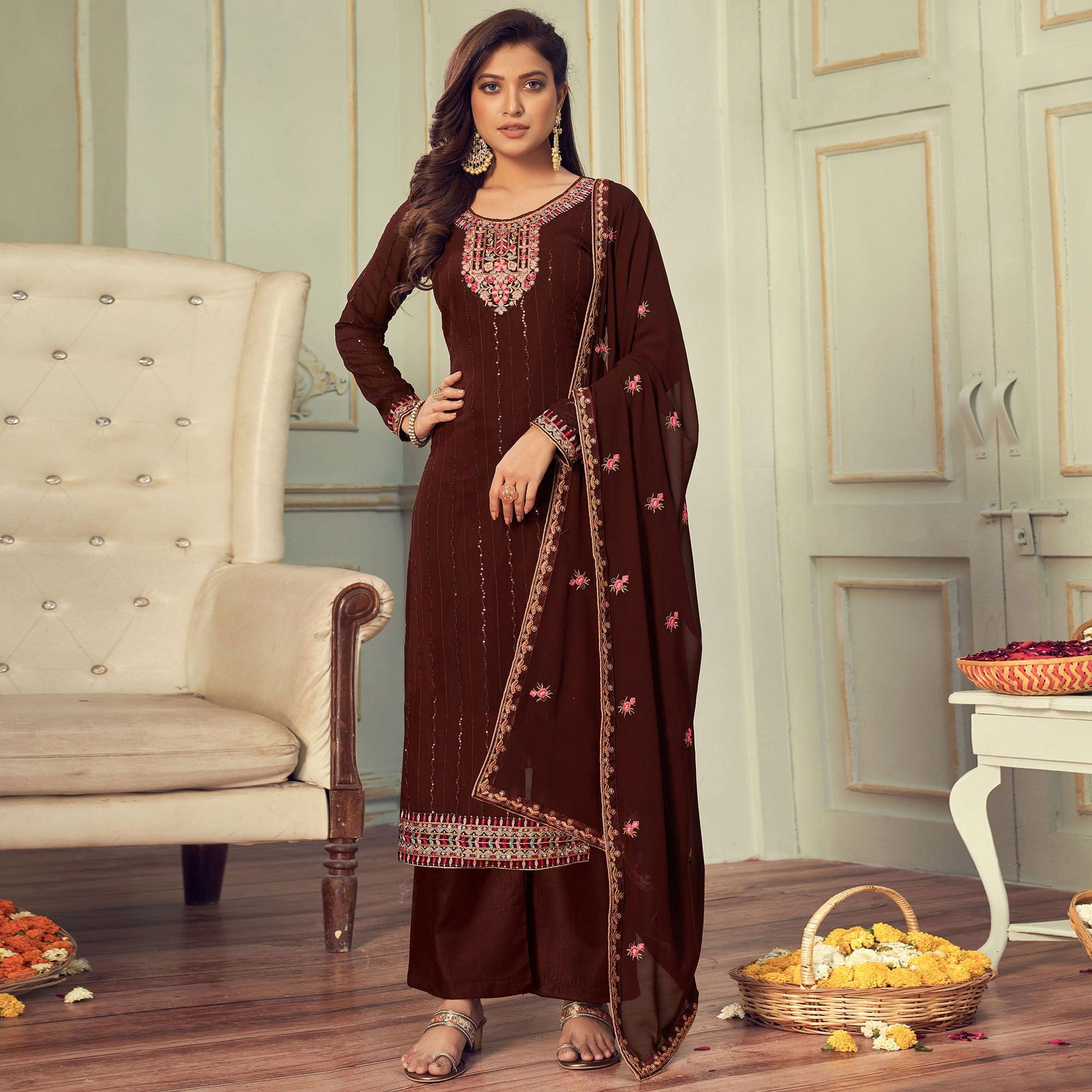 Brown Partywear Embroidery With Embellished Georgette Suit - Peachmode