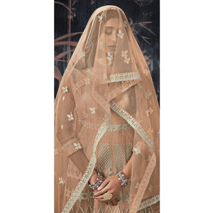 Brown Partywear Embroidery With Embellished Net Gown - Peachmode