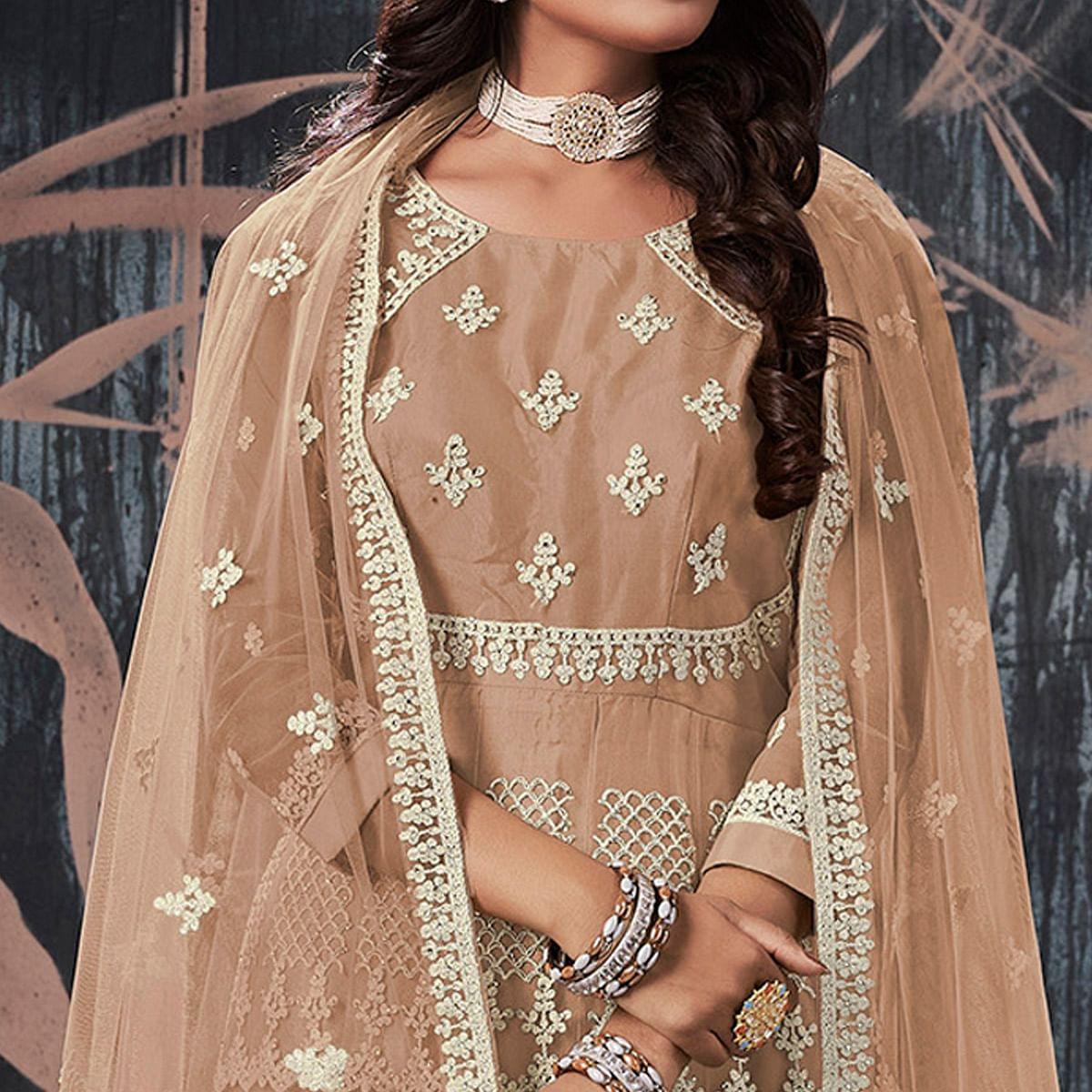 Brown Partywear Embroidery With Embellished Net Gown - Peachmode