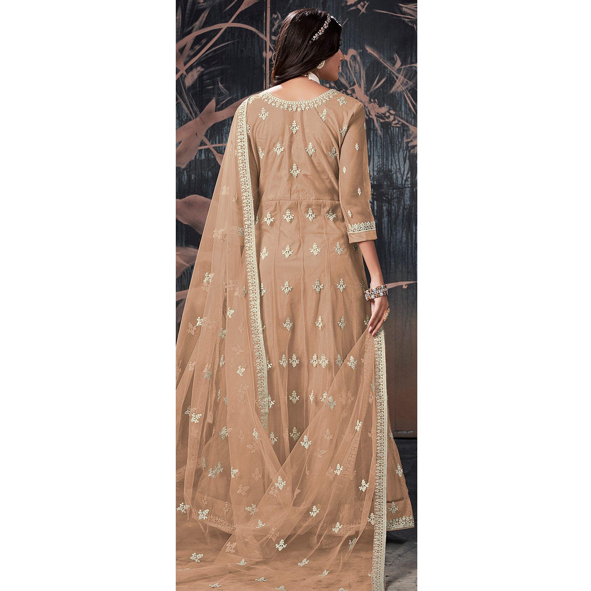 Brown Partywear Embroidery With Embellished Net Gown - Peachmode
