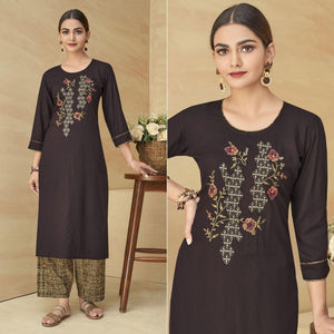 Brown Partywear Floral Embroidered Rayon Kurti Palazzo Set - Peachmode
