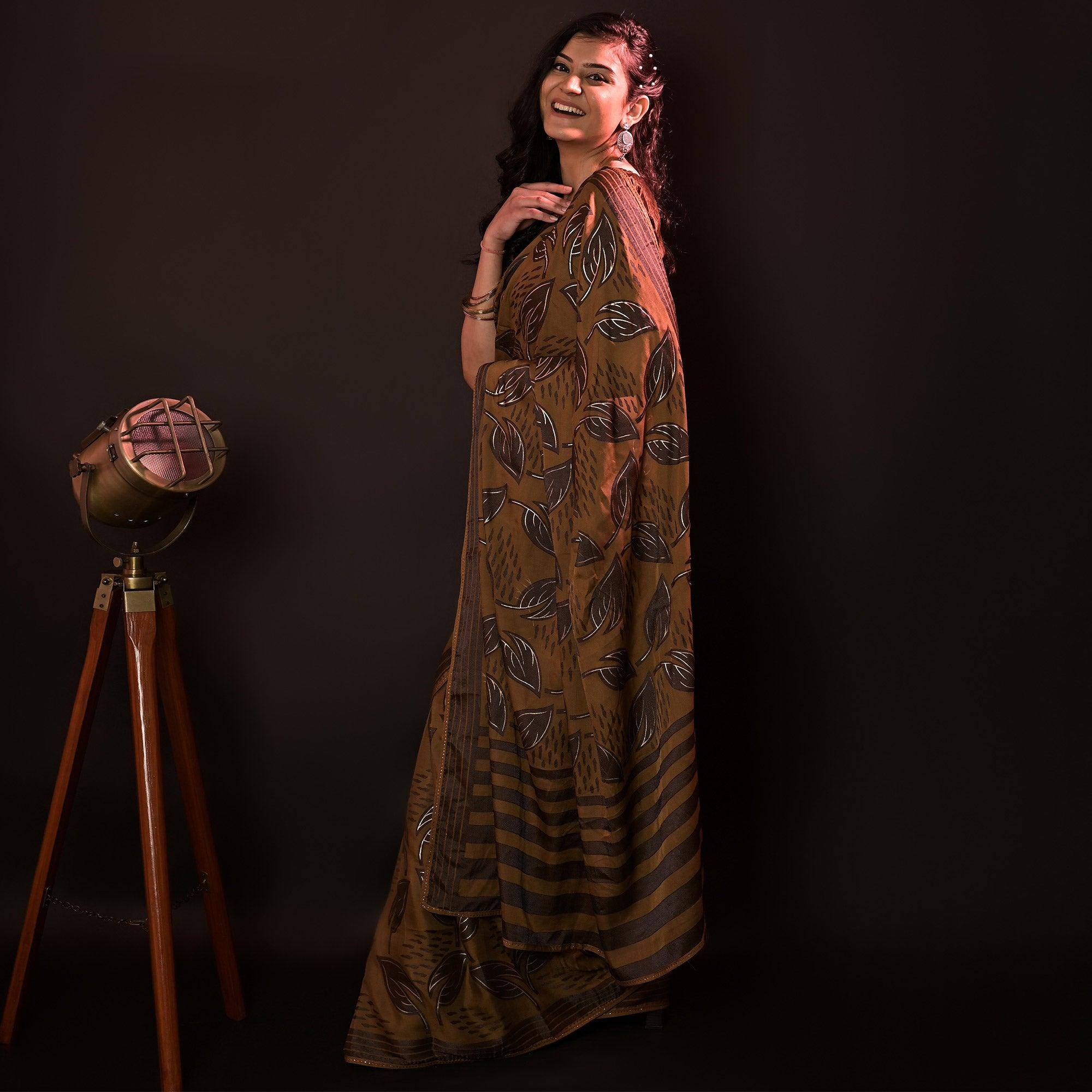 Brown Partywear Foil Printed Diamond Lace Brasso Saree - Peachmode