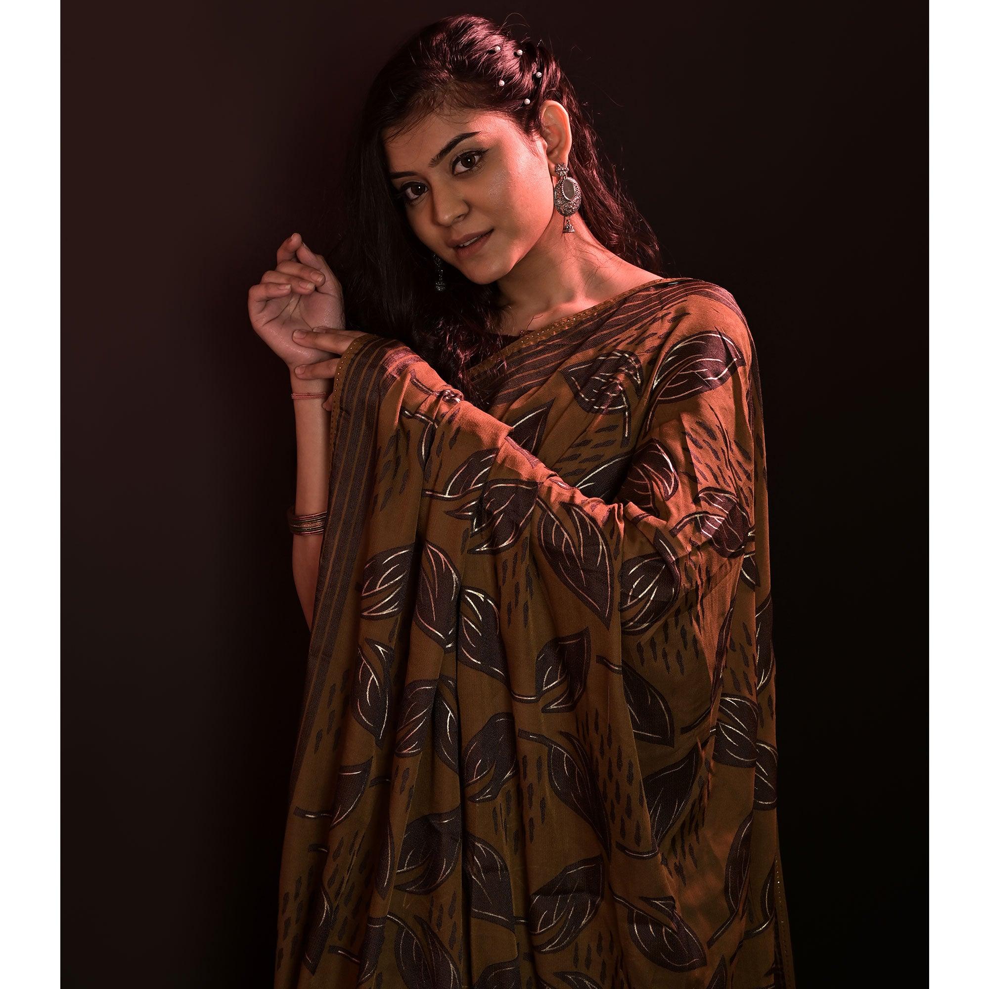 Brown Partywear Foil Printed Diamond Lace Brasso Saree - Peachmode