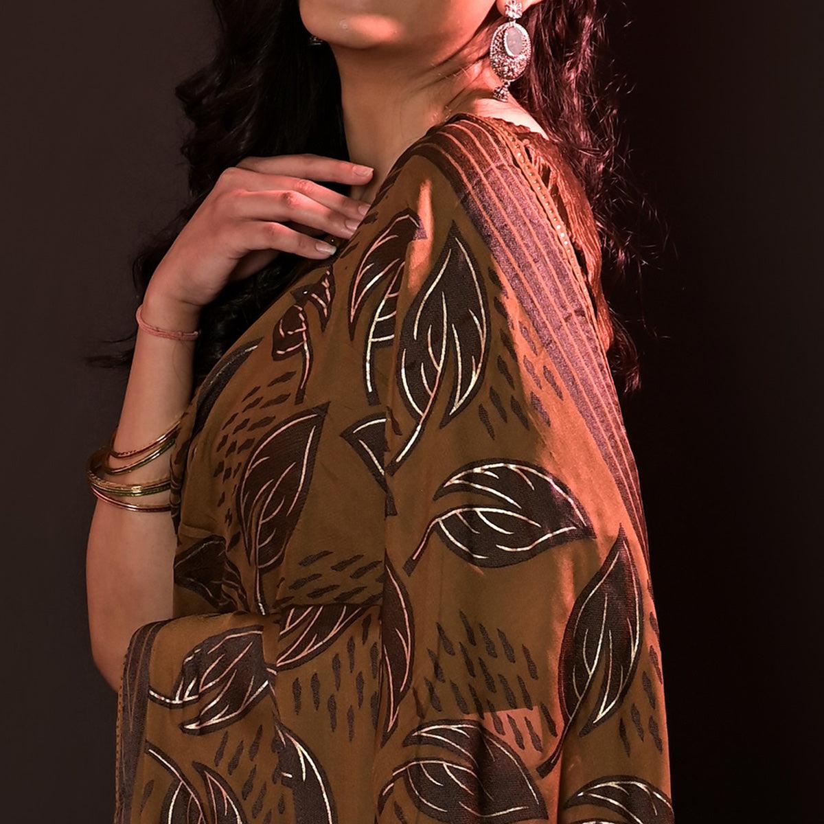 Brown Partywear Foil Printed Diamond Lace Brasso Saree - Peachmode