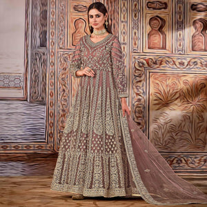 Brown Partywear Heavy Embroidered Net Anarkali Suit - Peachmode