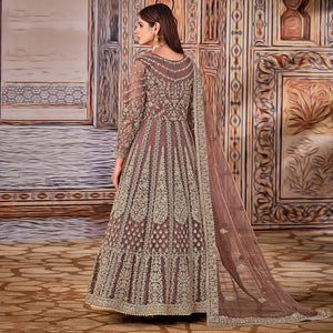 Brown Partywear Heavy Embroidered Net Anarkali Suit - Peachmode