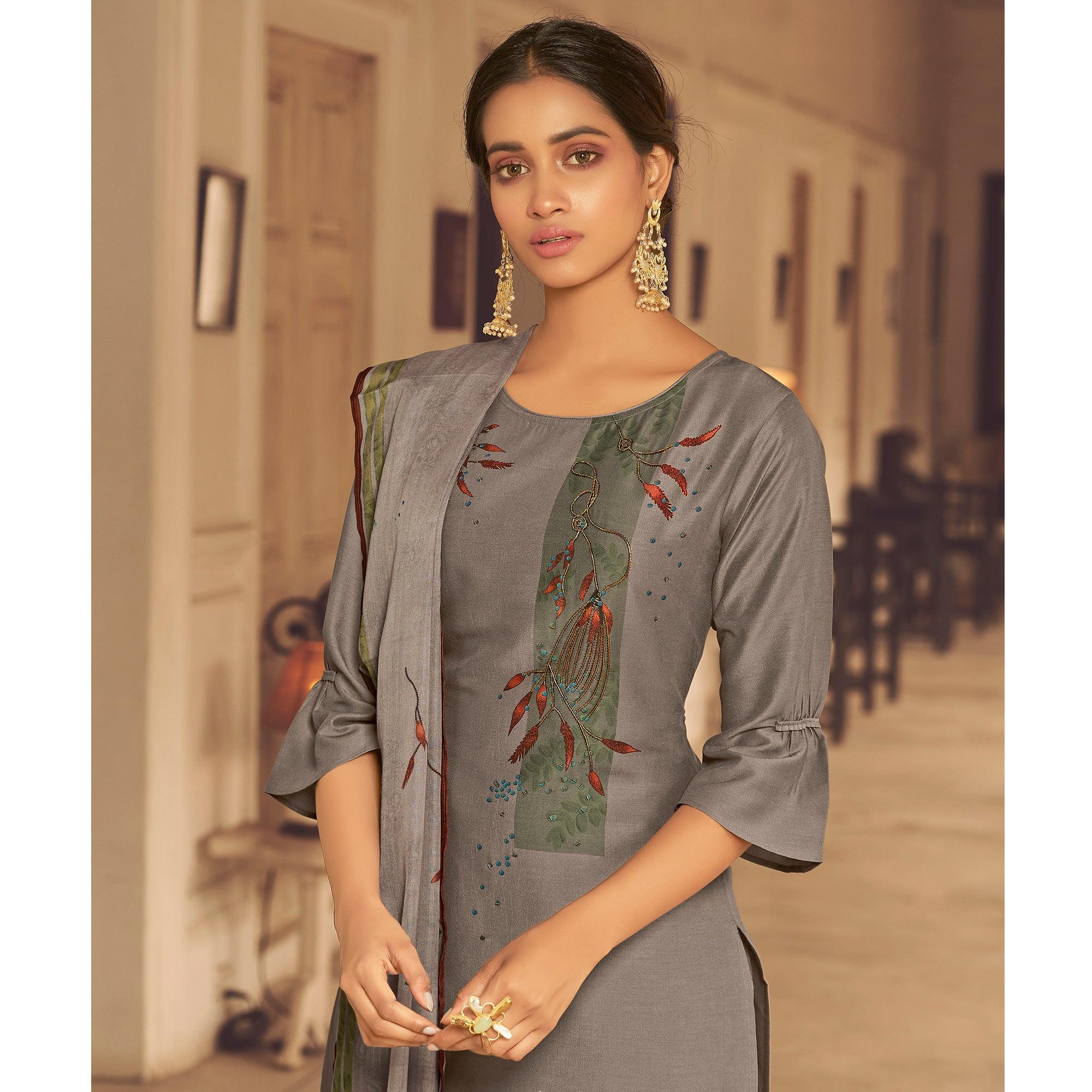 Brown Partywear Heavy Hand Work Bemberg Silk Suit - Peachmode