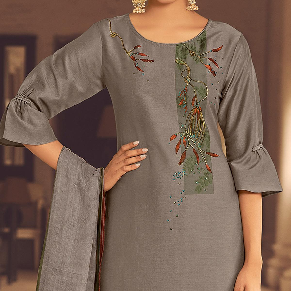 Brown Partywear Heavy Hand Work Bemberg Silk Suit - Peachmode