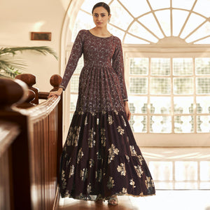 Brown Partywear Metallic Foil Work Georgette Gown - Peachmode