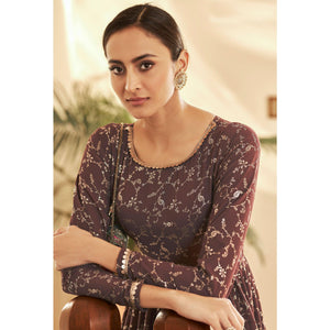 Brown Partywear Metallic Foil Work Georgette Gown - Peachmode