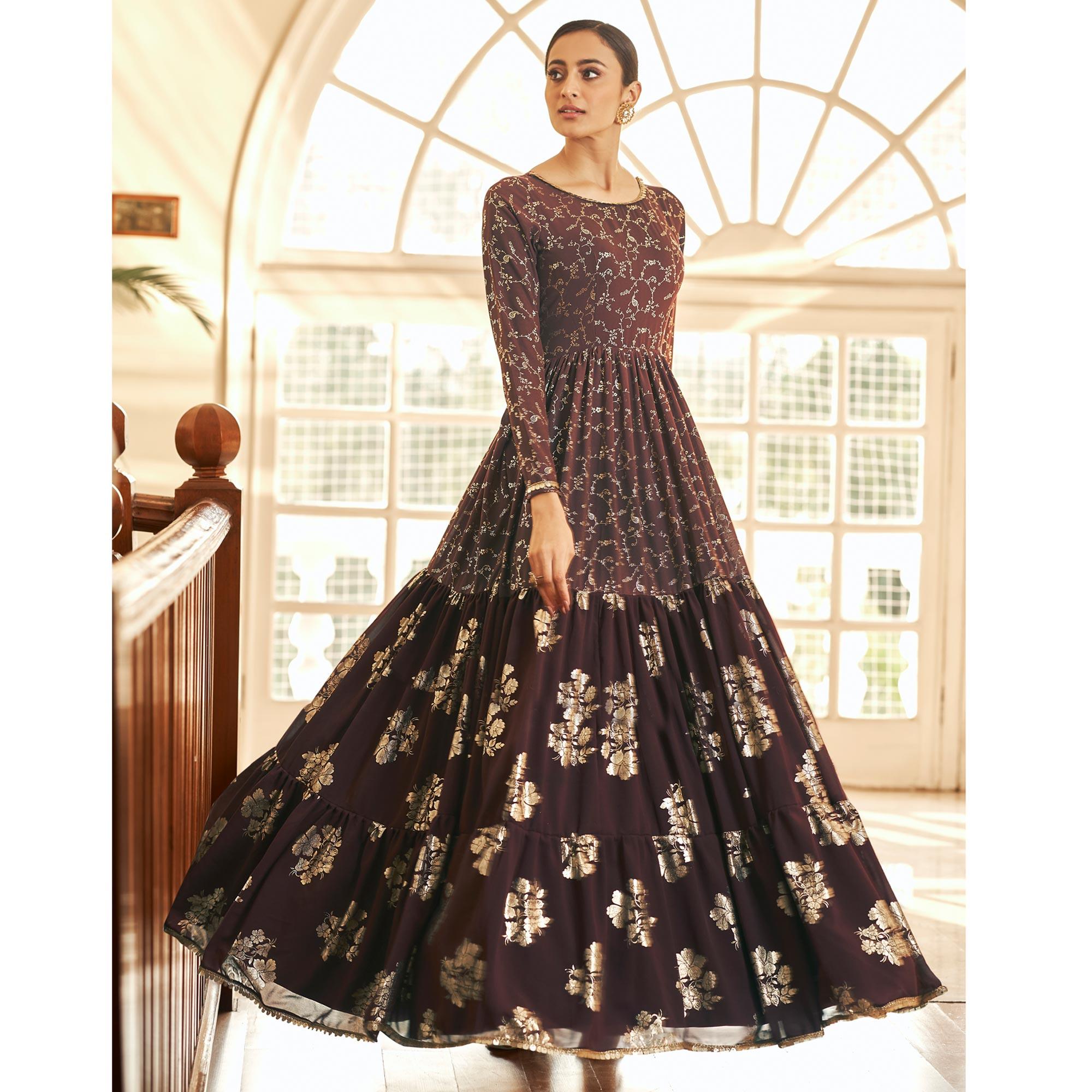 Brown Partywear Metallic Foil Work Georgette Gown - Peachmode