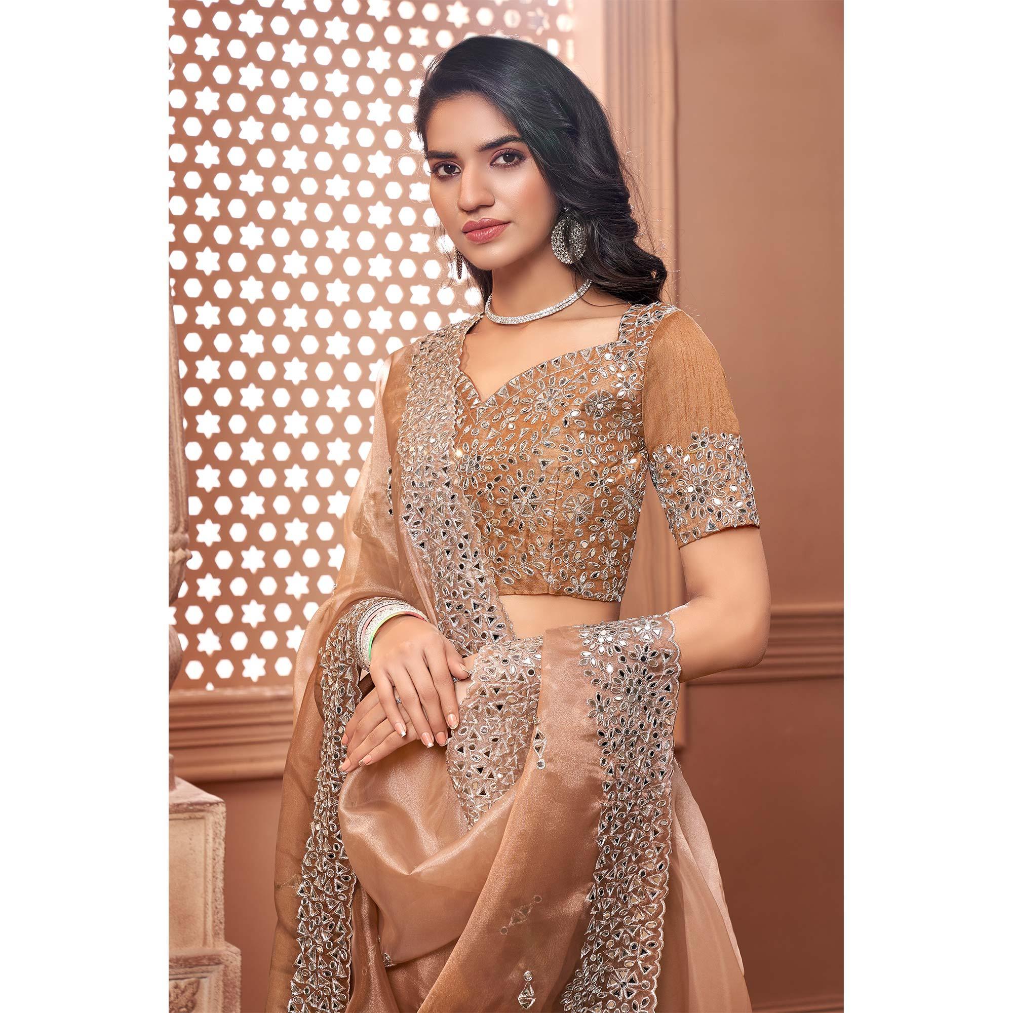 Brown Partywear Mirror Work Embroidered Organza Saree - Peachmode