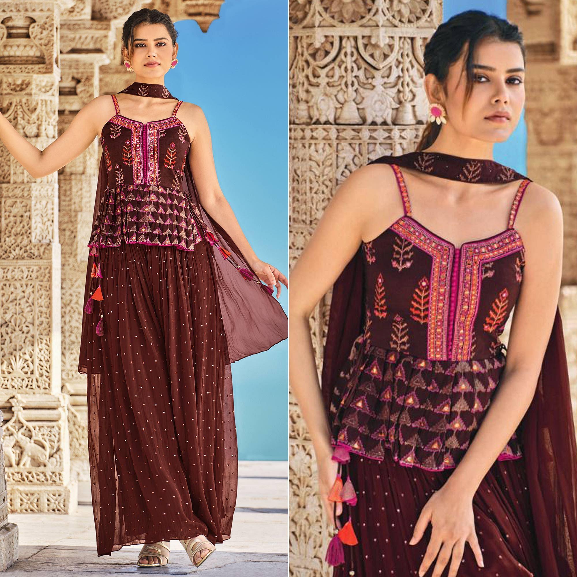 Brown Partywear Patola Printed Silk Sharara Suit - Peachmode