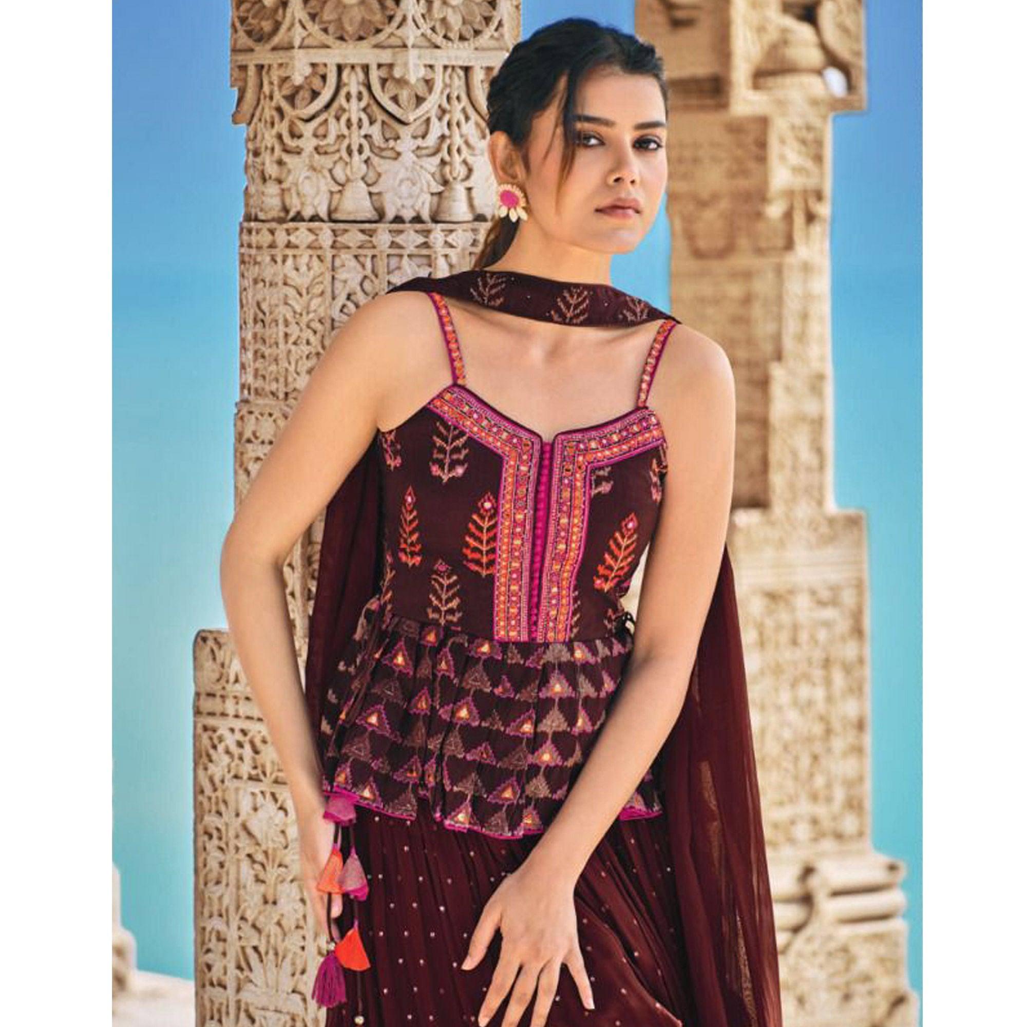 Brown Partywear Patola Printed Silk Sharara Suit - Peachmode