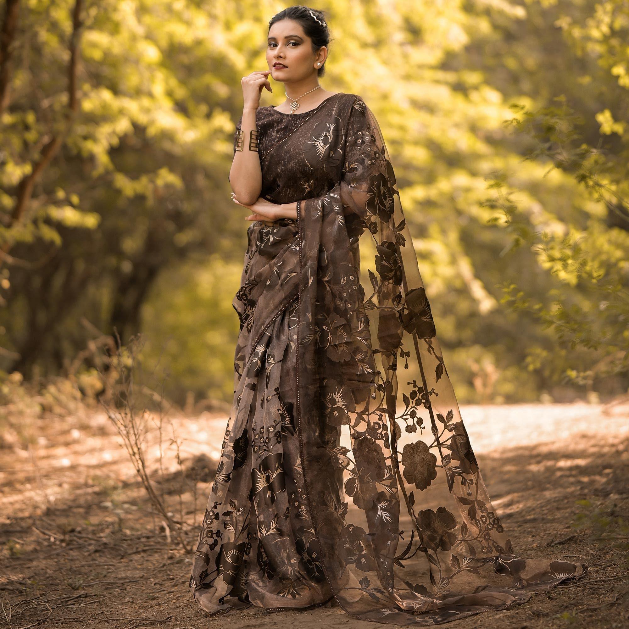 Brown Partywear Piping Stone Velvet Zari Organza Saree - Peachmode