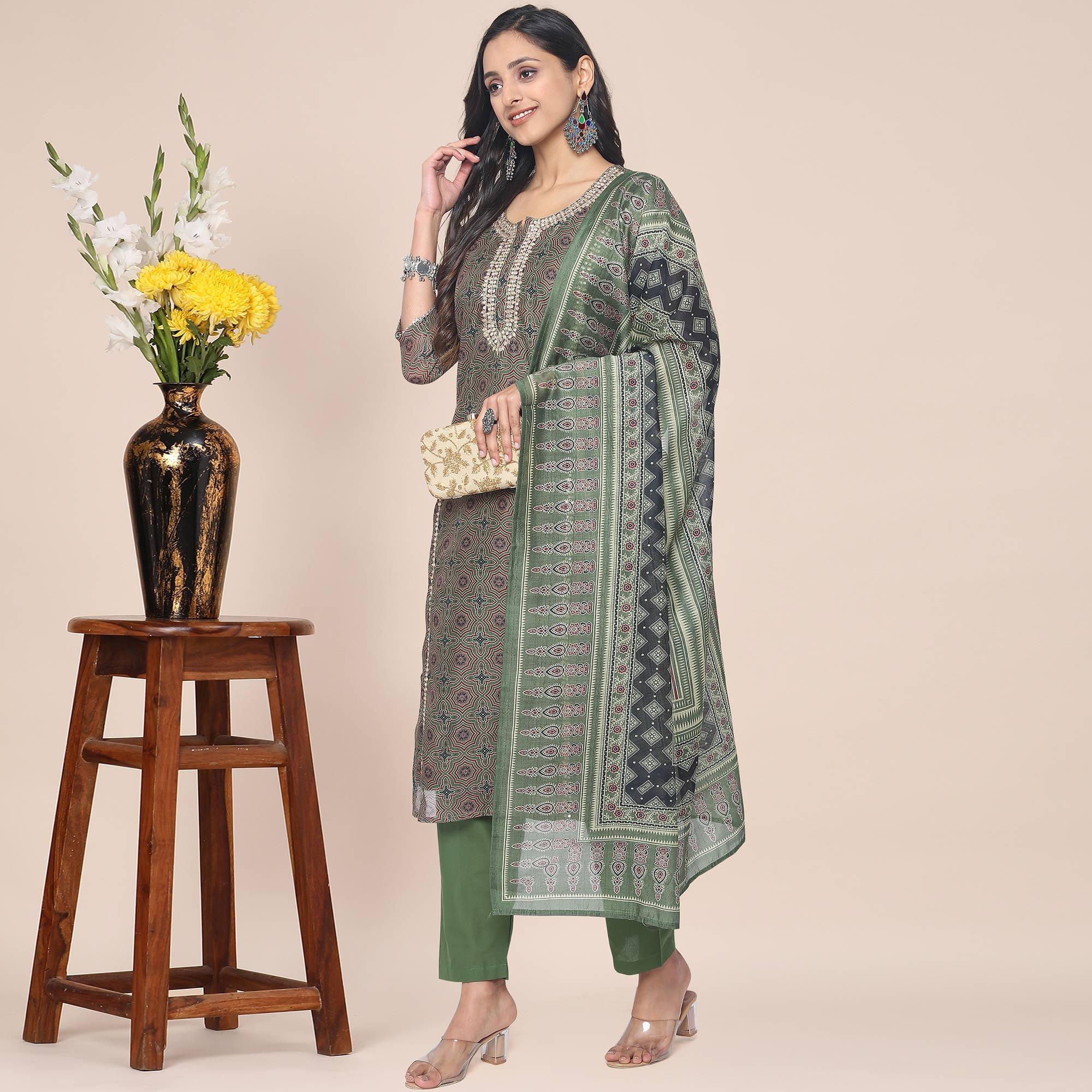 Brown Partywear Printed With Gotta Patti cotton Kurti Pant Set With Dupatta - Peachmode
